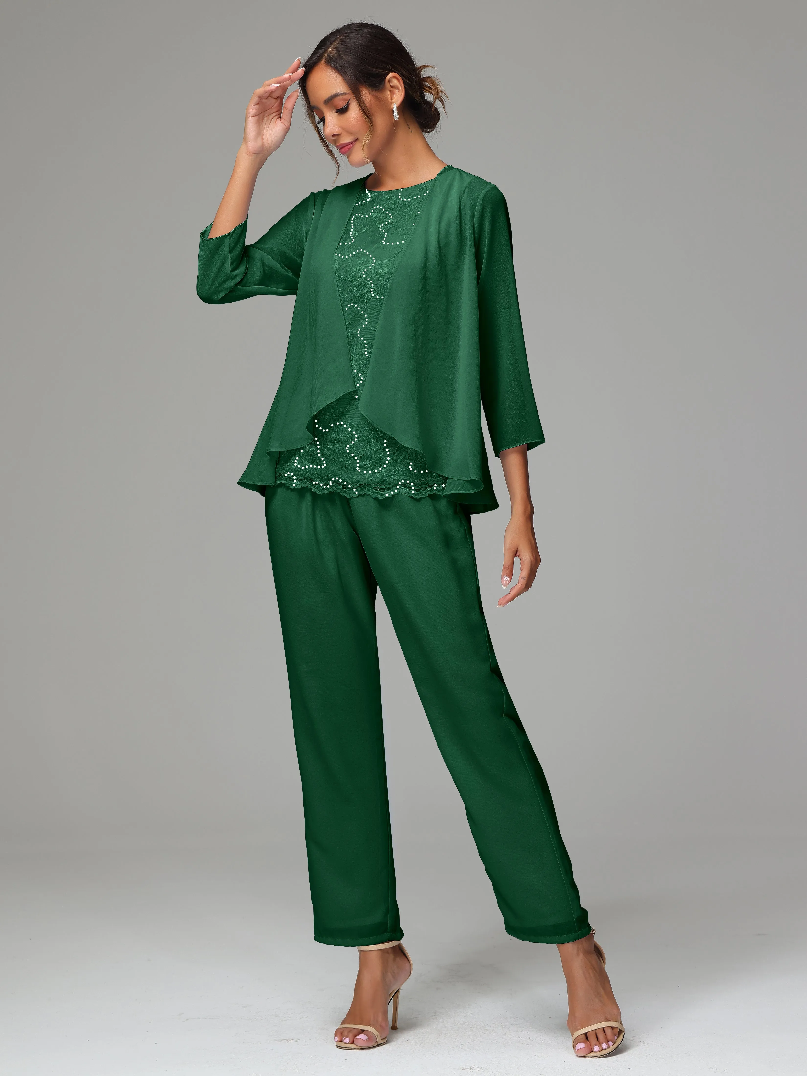 Chiffon Lace Long Sleeves 3 Pieces Mother Of The Bride Dress Pants Suits