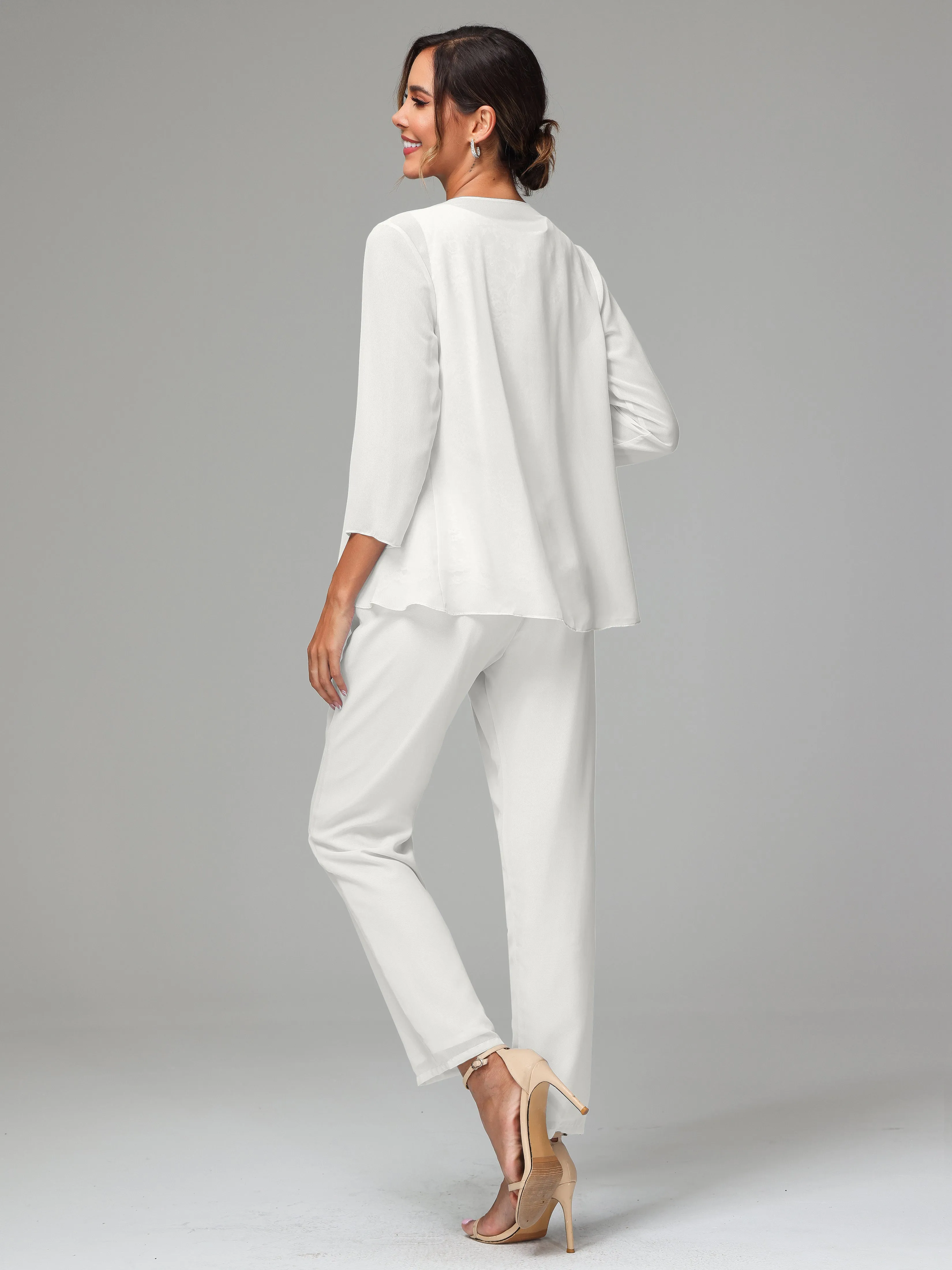 Chiffon Lace Long Sleeves 3 Pieces Mother Of The Bride Dress Pants Suits