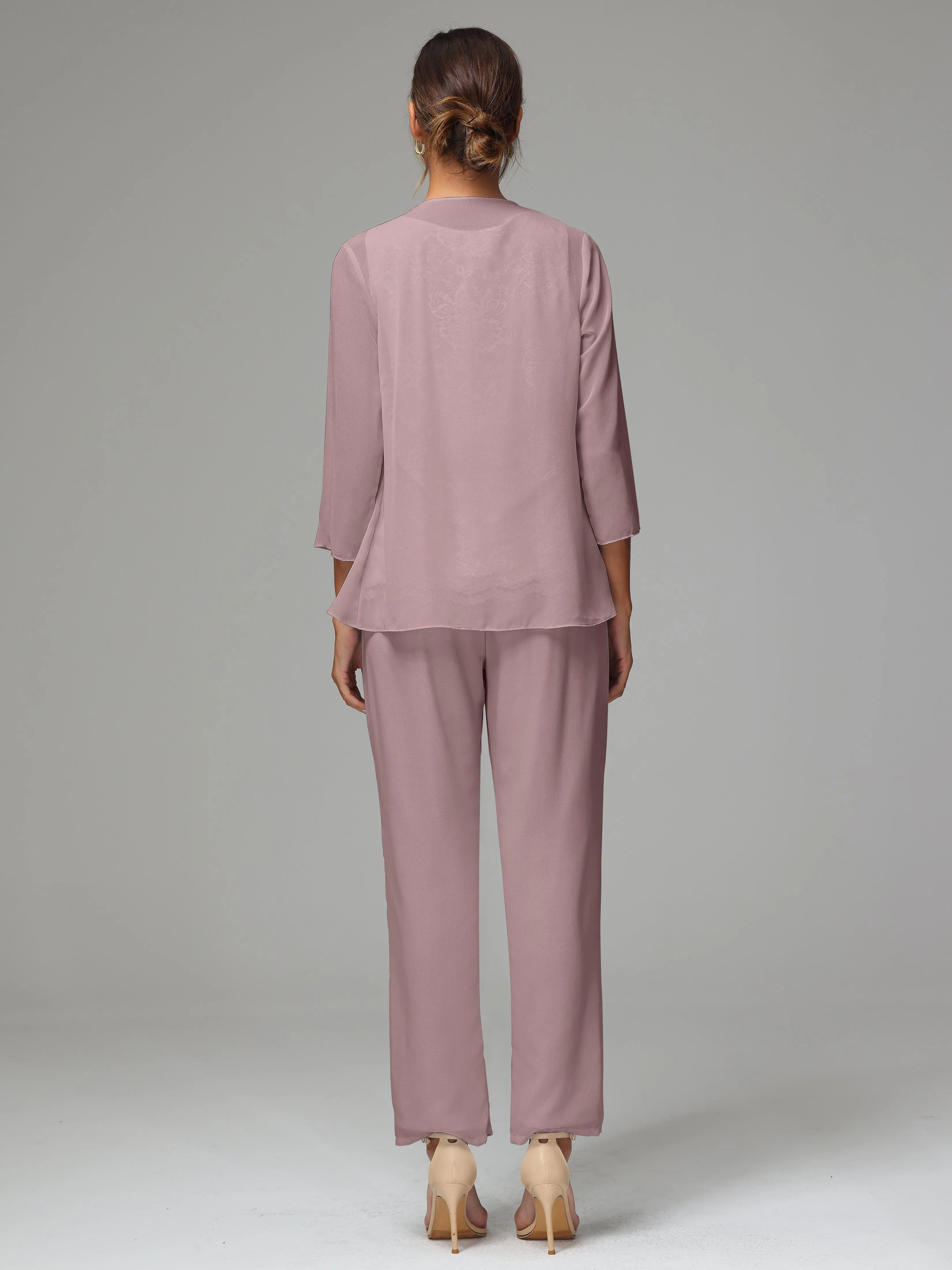 Chiffon Lace Long Sleeves 3 Pieces Mother Of The Bride Dress Pants Suits