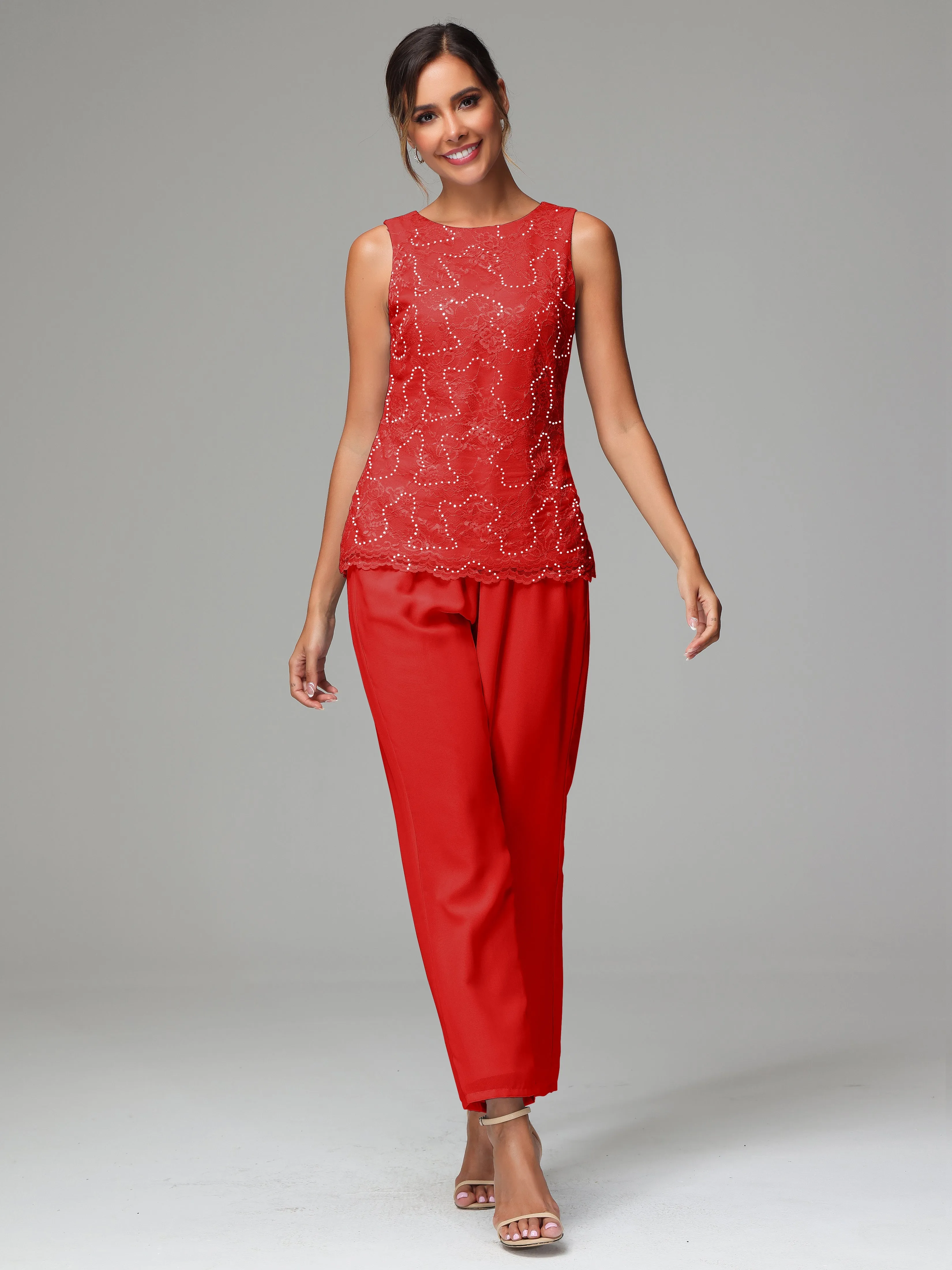 Chiffon Lace Long Sleeves 3 Pieces Mother Of The Bride Dress Pants Suits