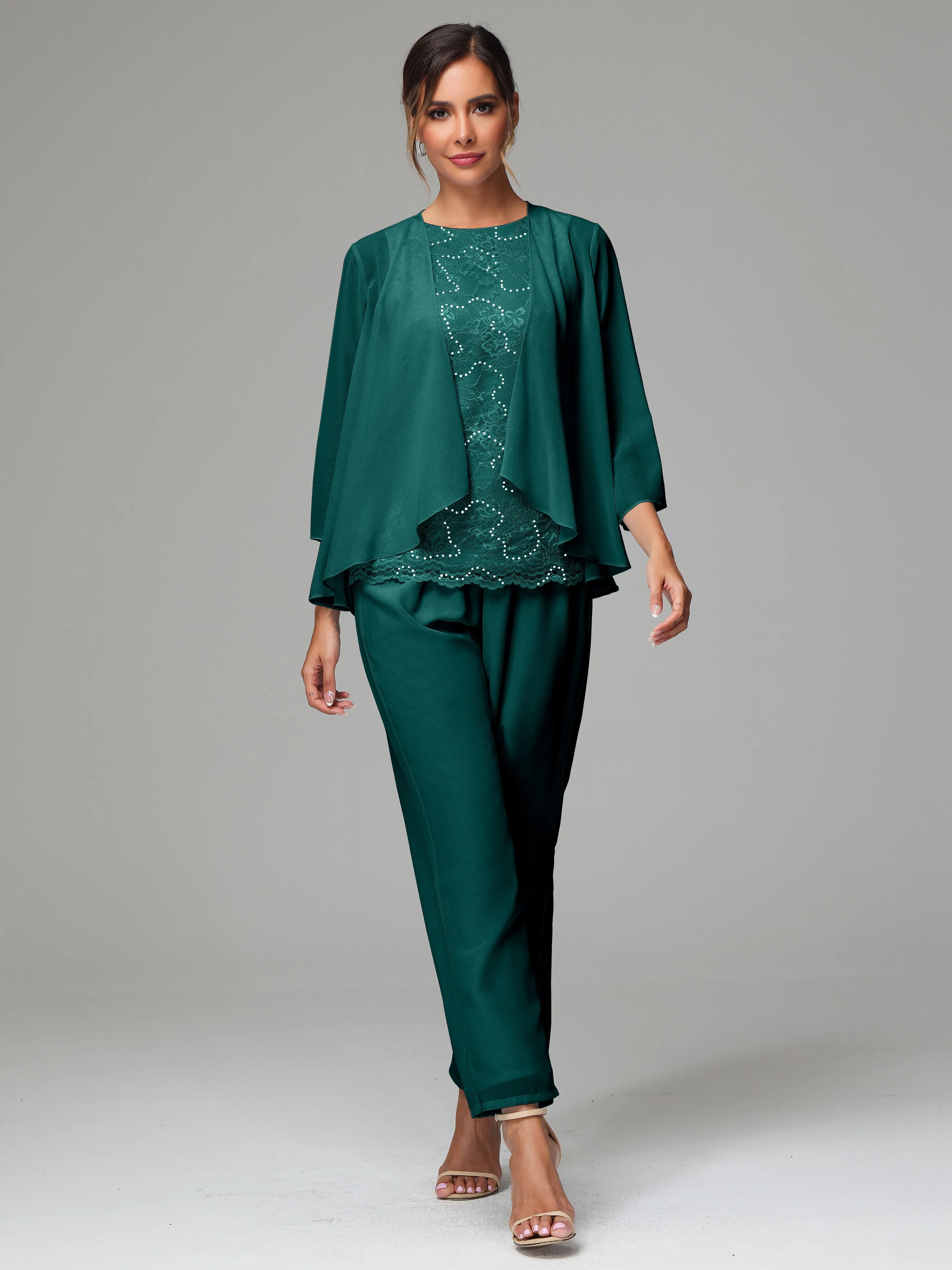 Chiffon Lace Long Sleeves 3 Pieces Mother Of The Bride Dress Pants Suits