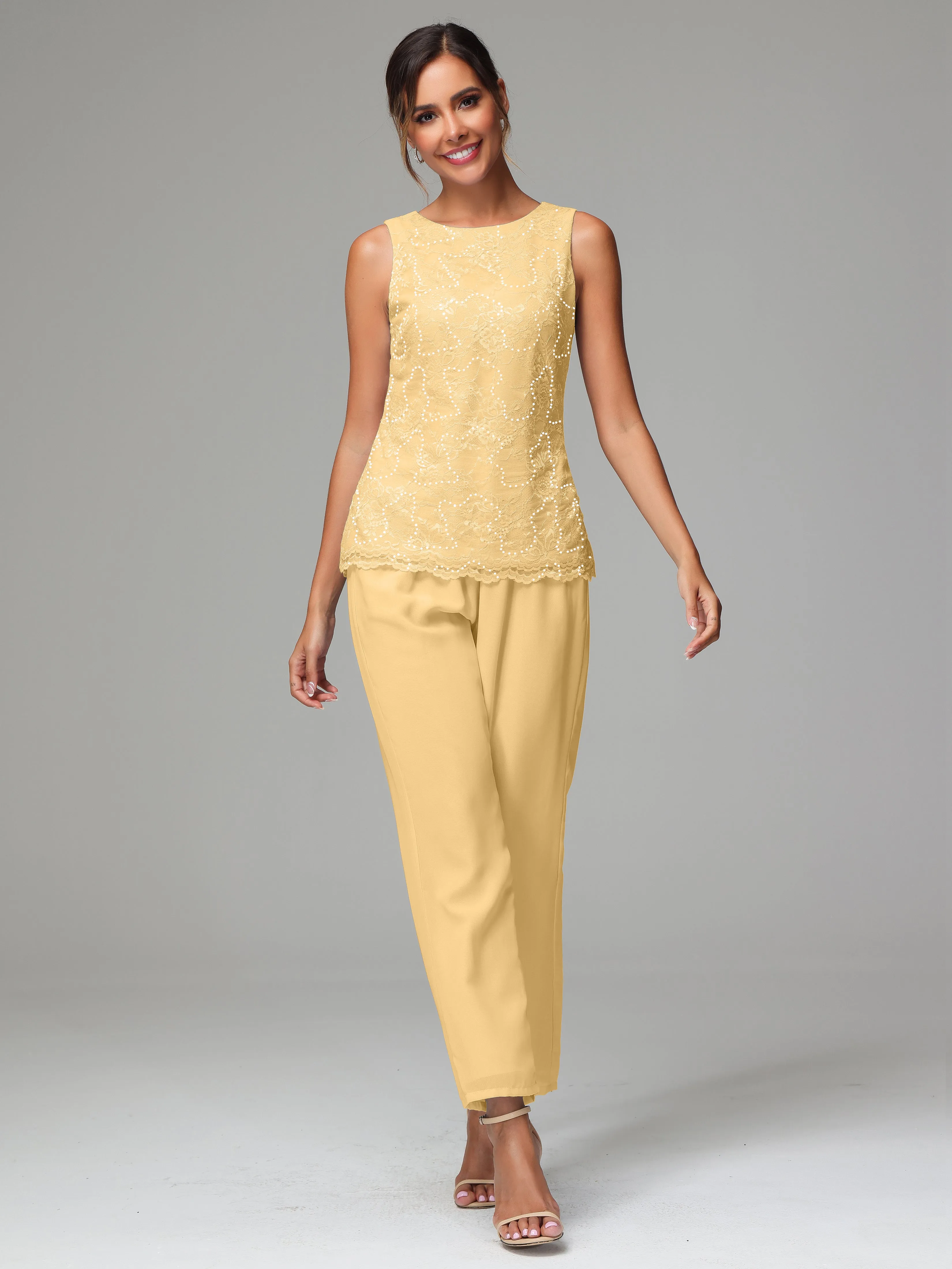 Chiffon Lace Long Sleeves 3 Pieces Mother Of The Bride Dress Pants Suits