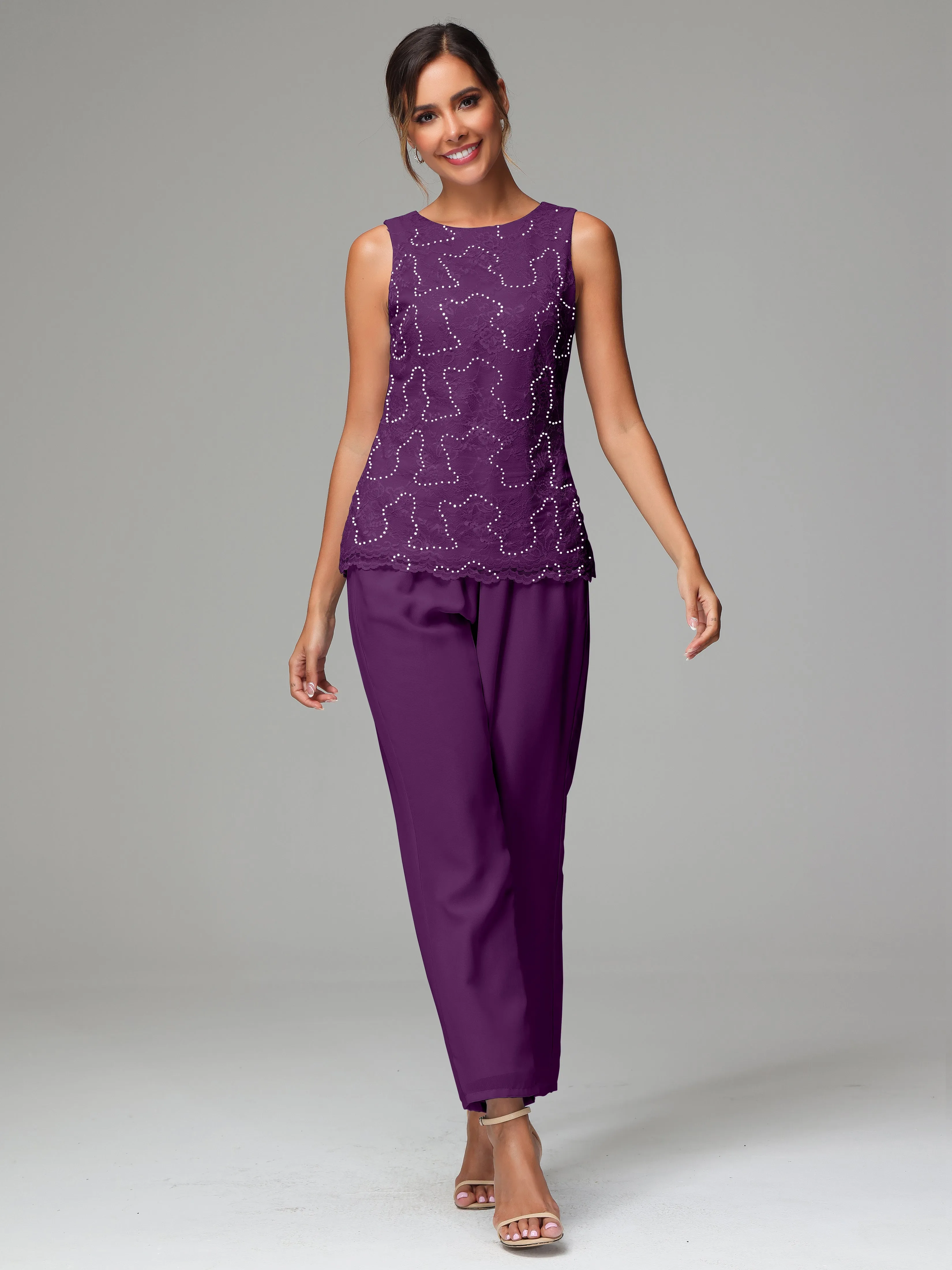 Chiffon Lace Long Sleeves 3 Pieces Mother Of The Bride Dress Pants Suits