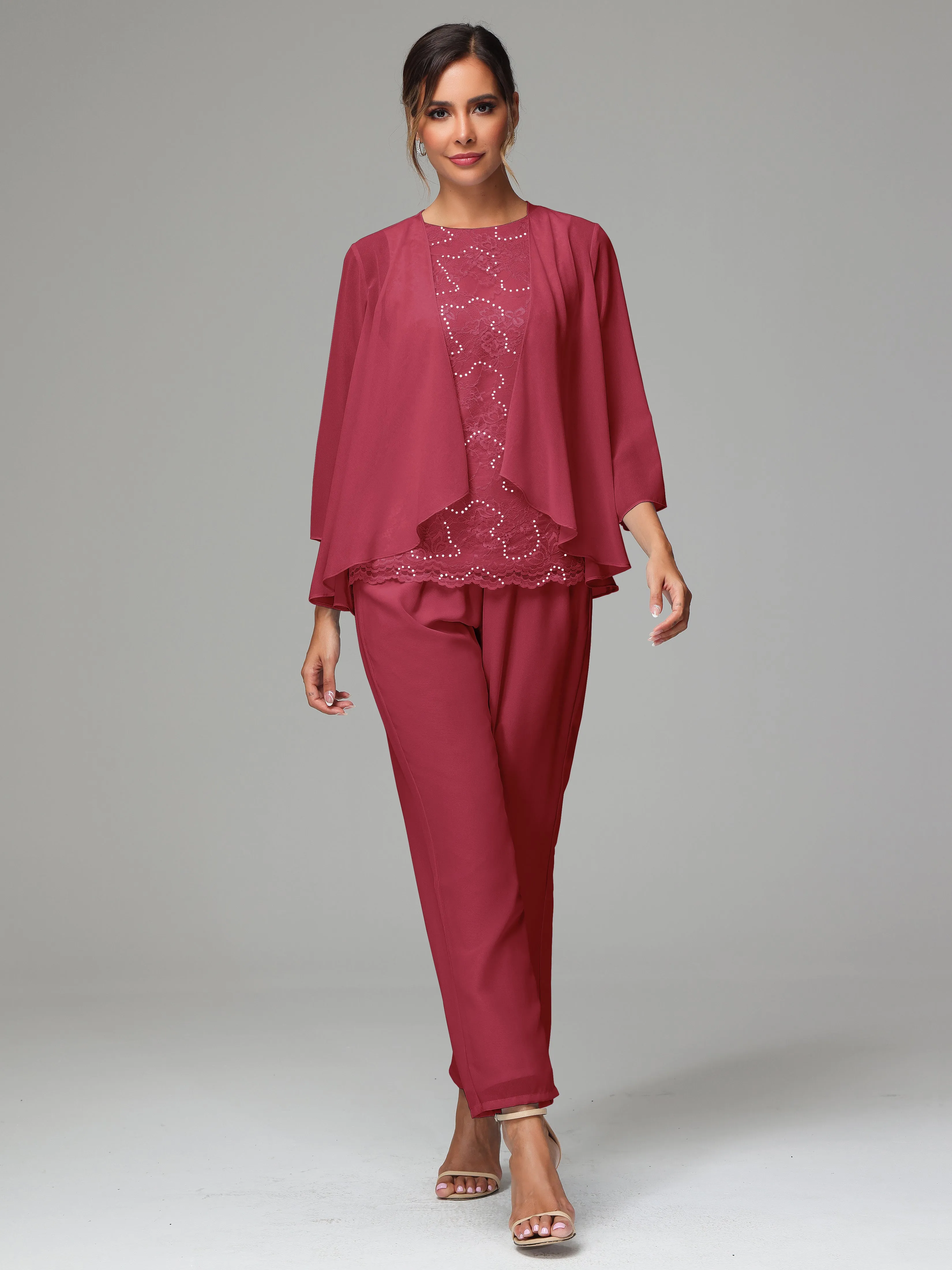 Chiffon Lace Long Sleeves 3 Pieces Mother Of The Bride Dress Pants Suits