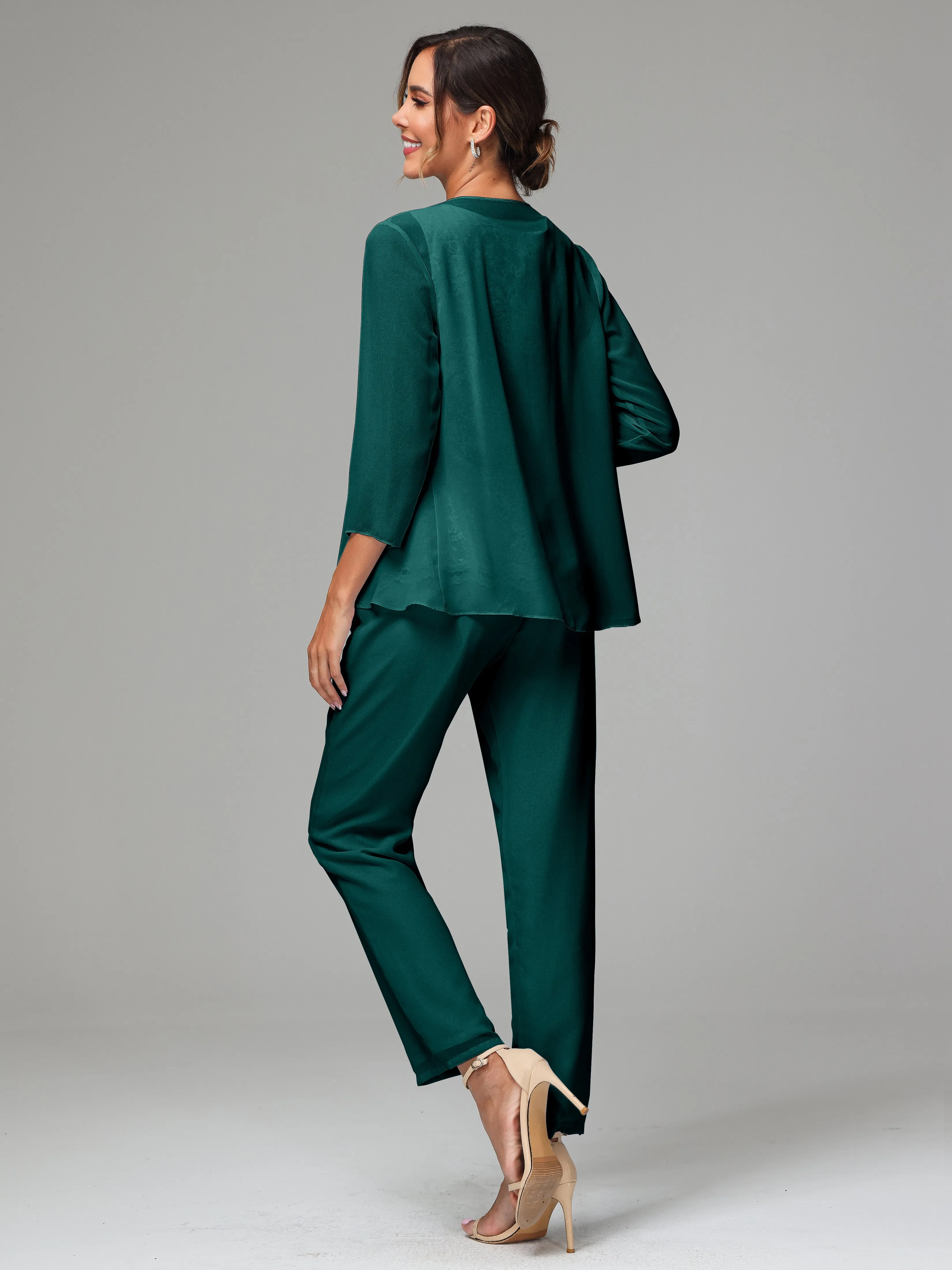 Chiffon Lace Long Sleeves 3 Pieces Mother Of The Bride Dress Pants Suits