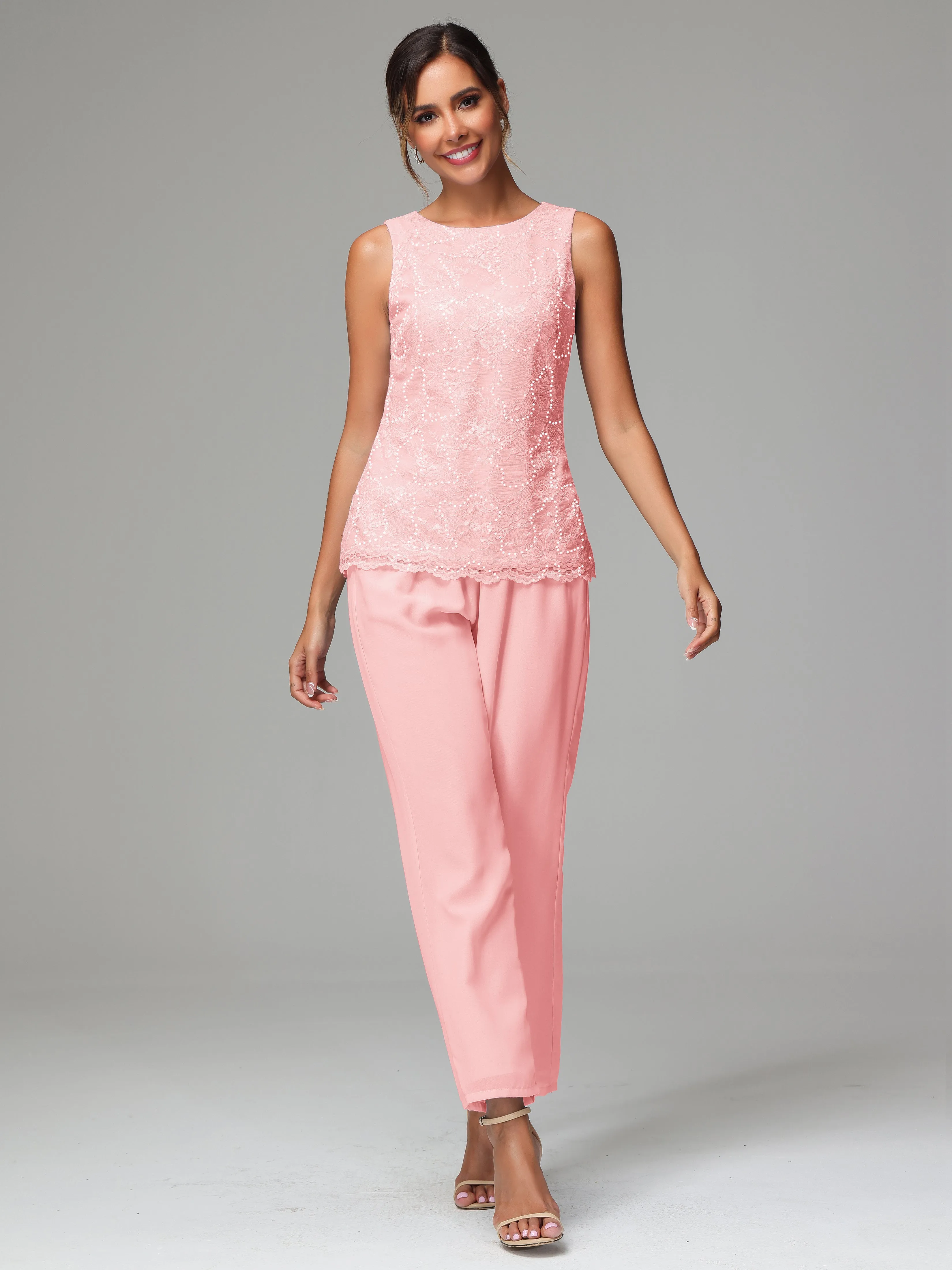 Chiffon Lace Long Sleeves 3 Pieces Mother Of The Bride Dress Pants Suits