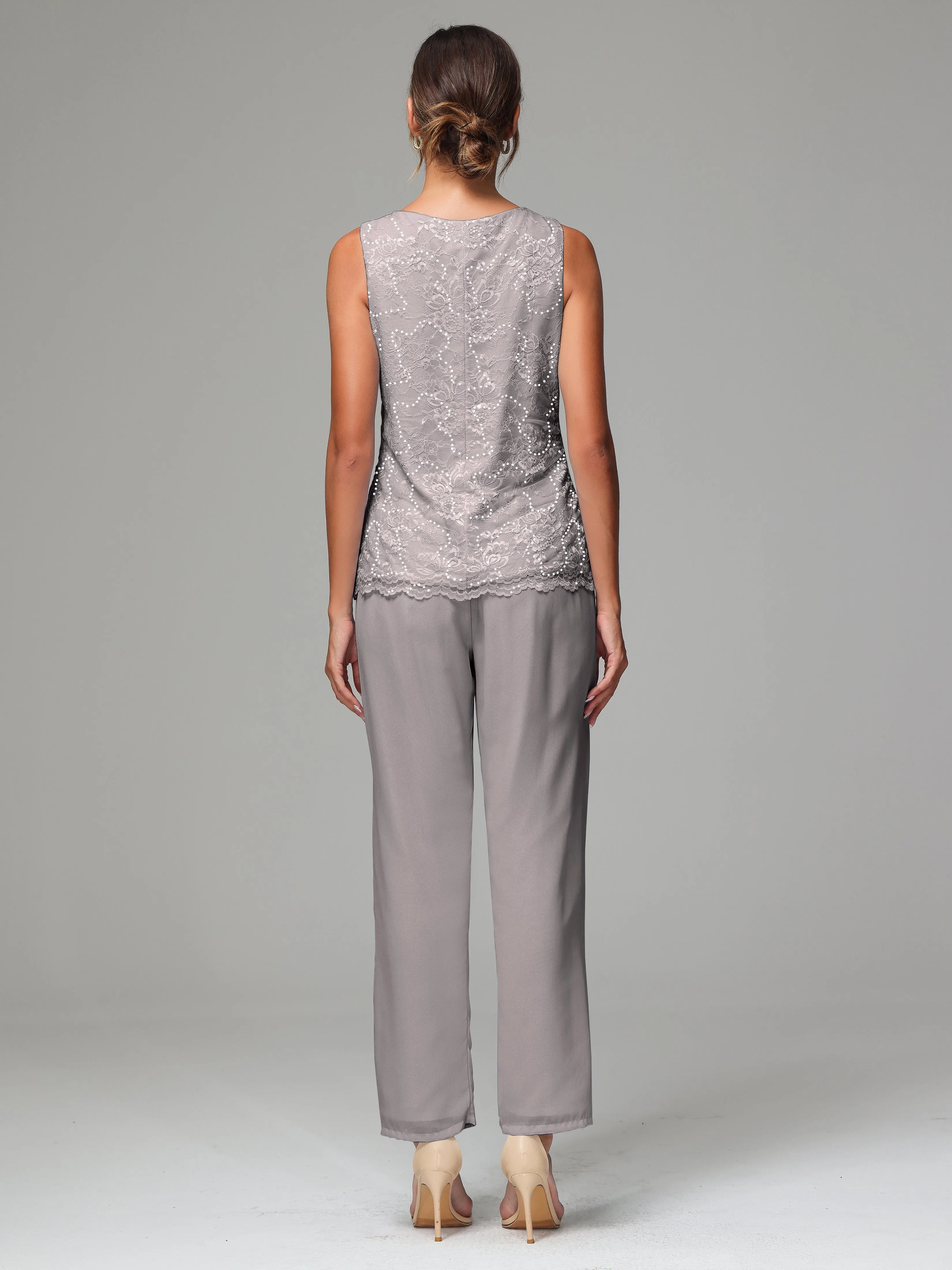 Chiffon Lace Long Sleeves 3 Pieces Mother Of The Bride Dress Pants Suits