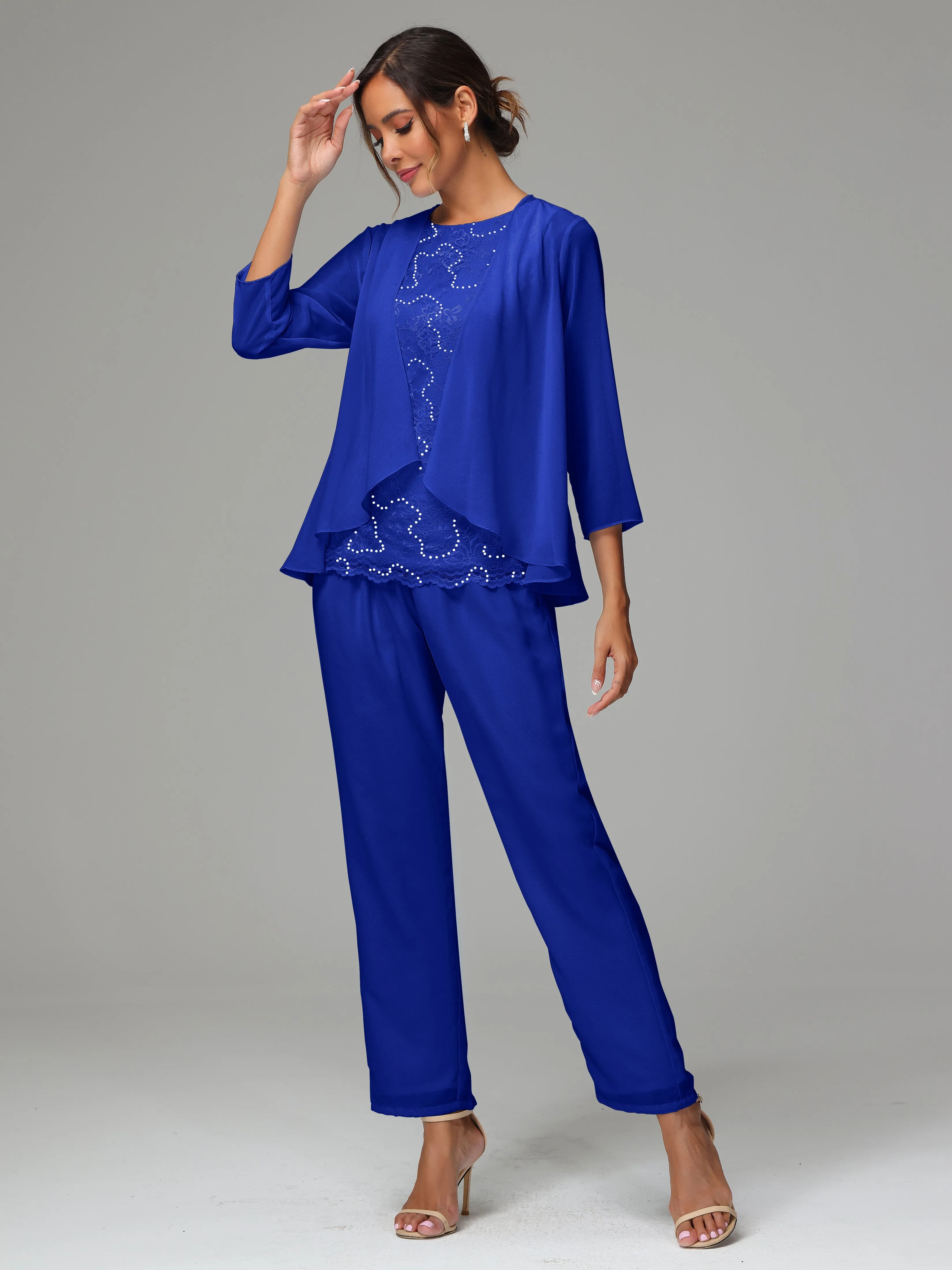 Chiffon Lace Long Sleeves 3 Pieces Mother Of The Bride Dress Pants Suits