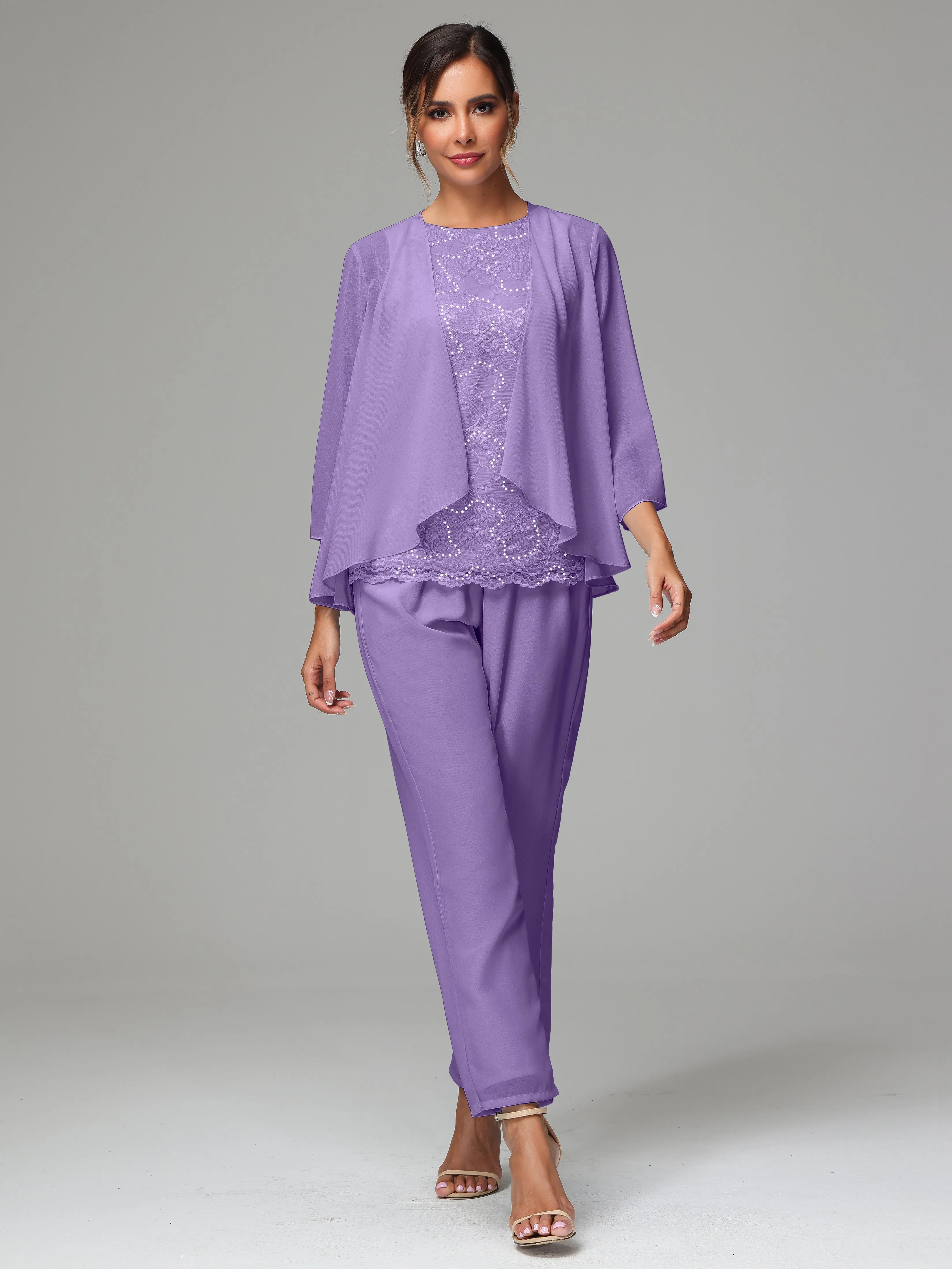 Chiffon Lace Long Sleeves 3 Pieces Mother Of The Bride Dress Pants Suits