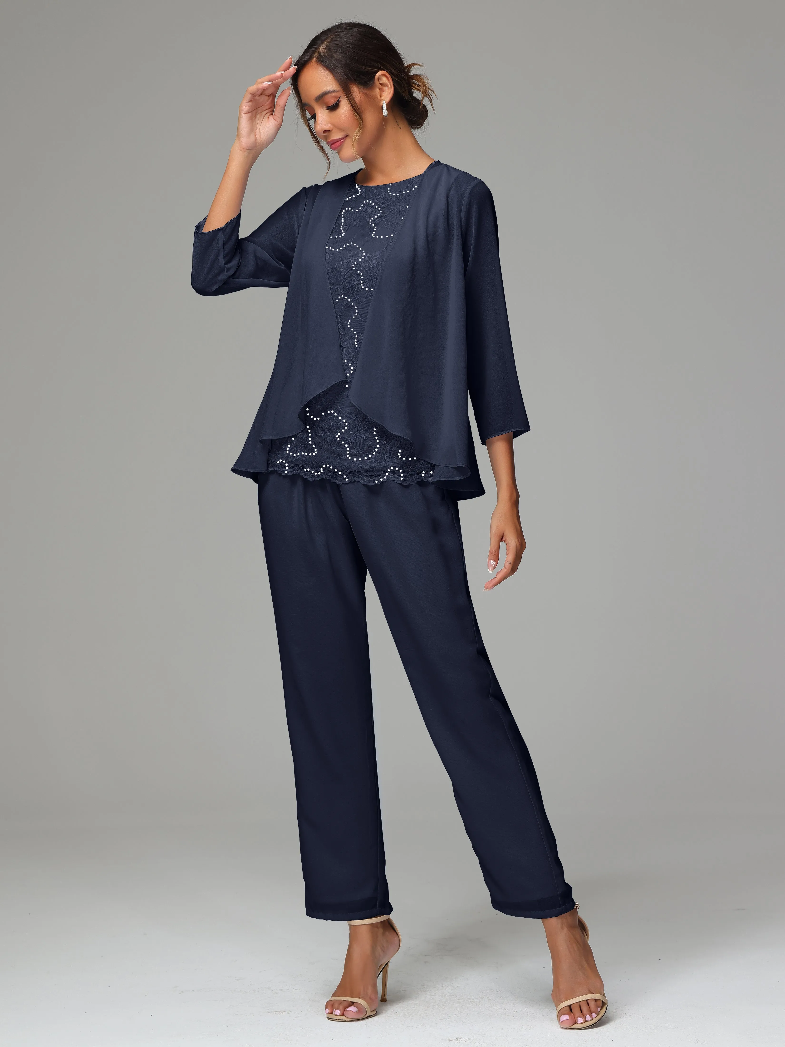 Chiffon Lace Long Sleeves 3 Pieces Mother Of The Bride Dress Pants Suits