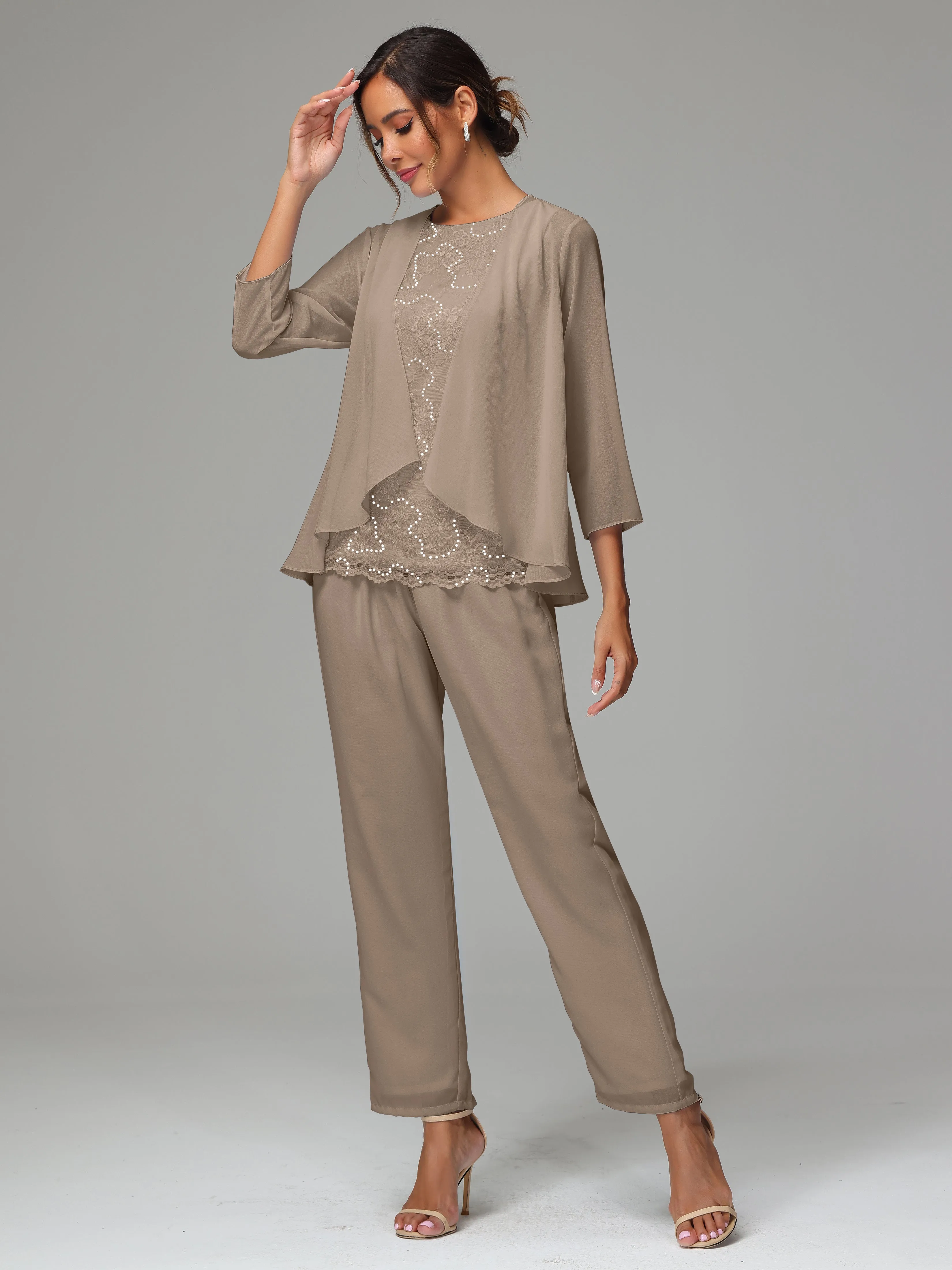 Chiffon Lace Long Sleeves 3 Pieces Mother Of The Bride Dress Pants Suits