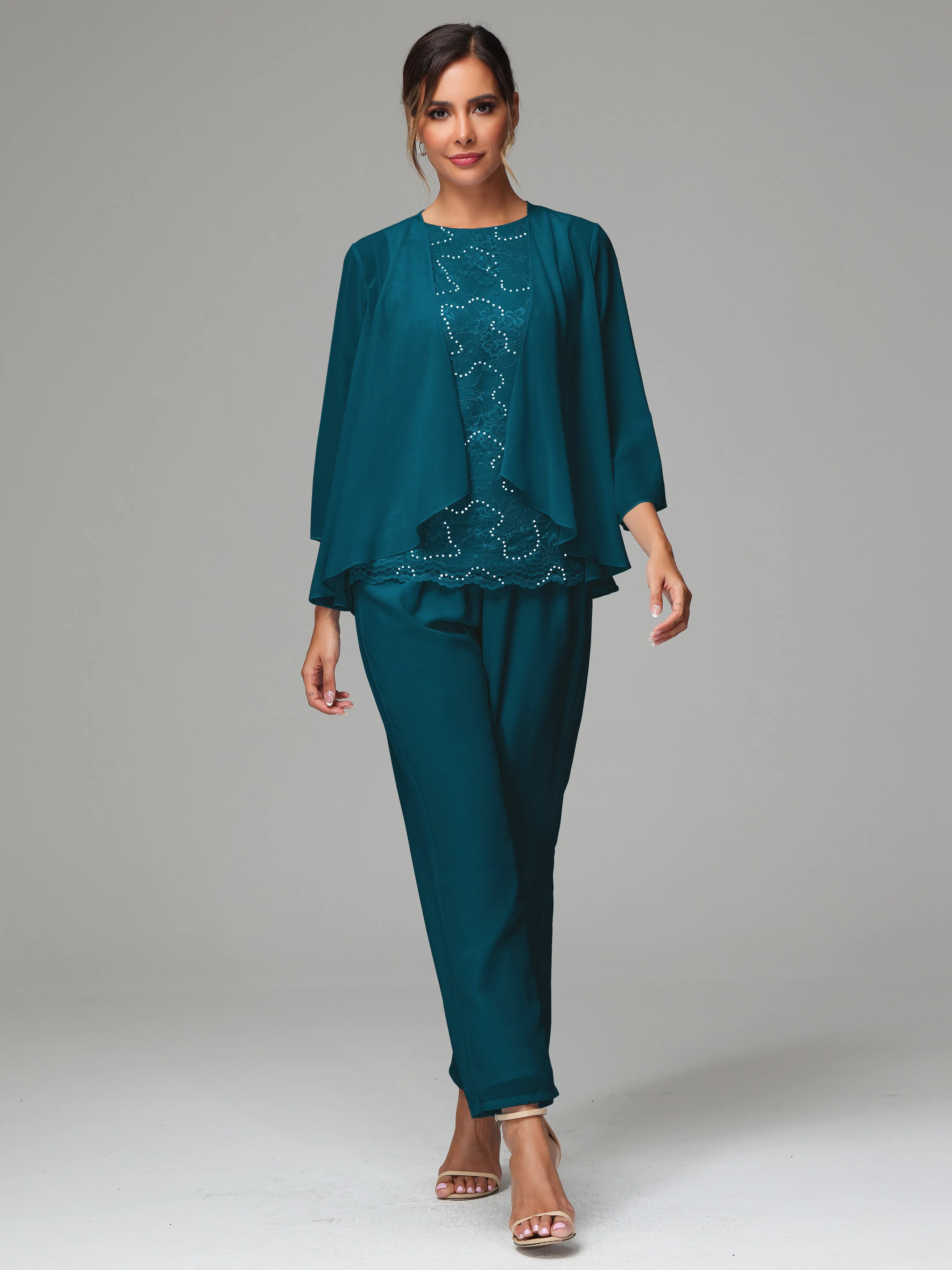 Chiffon Lace Long Sleeves 3 Pieces Mother Of The Bride Dress Pants Suits