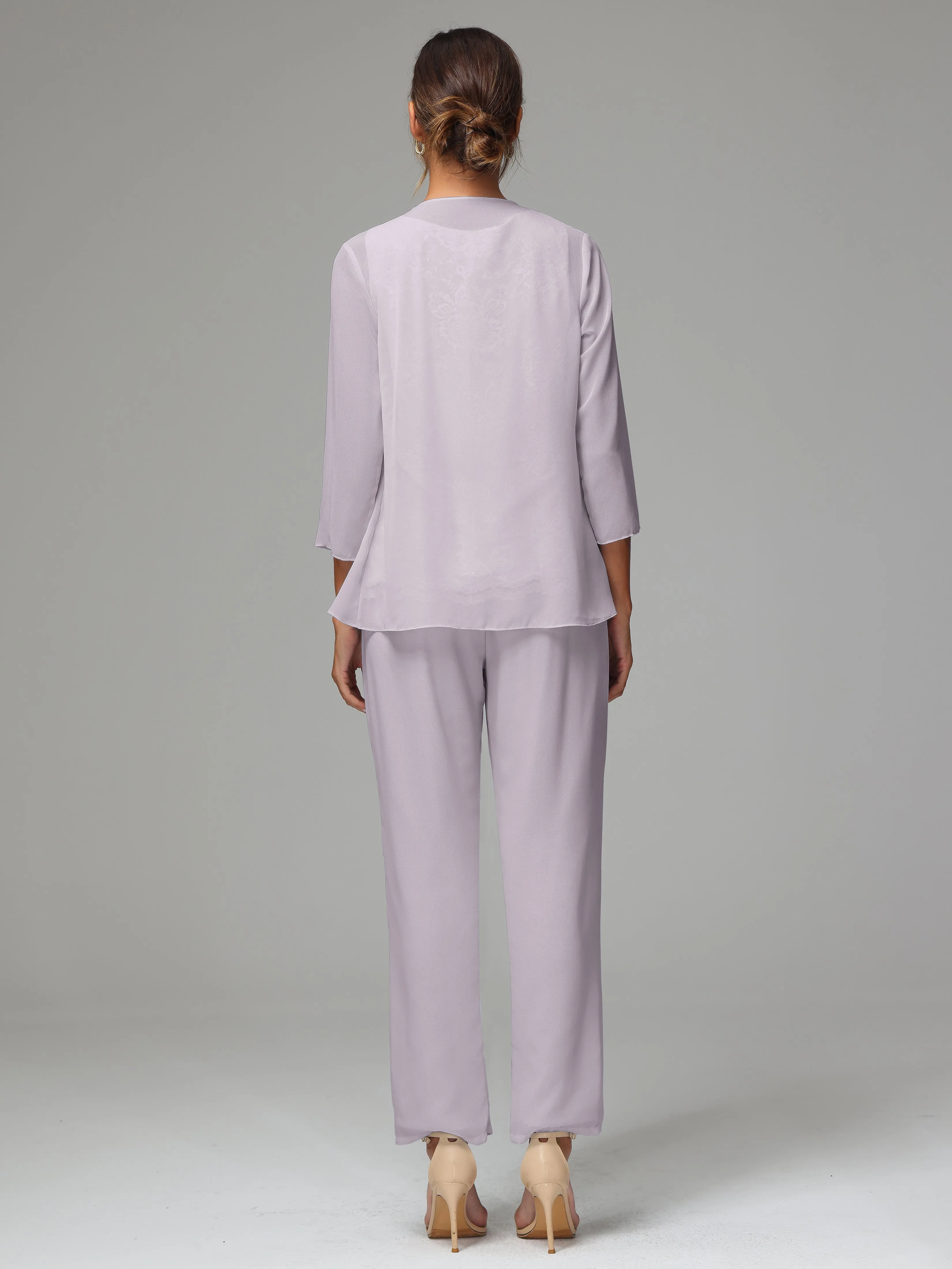 Chiffon Lace Long Sleeves 3 Pieces Mother Of The Bride Dress Pants Suits