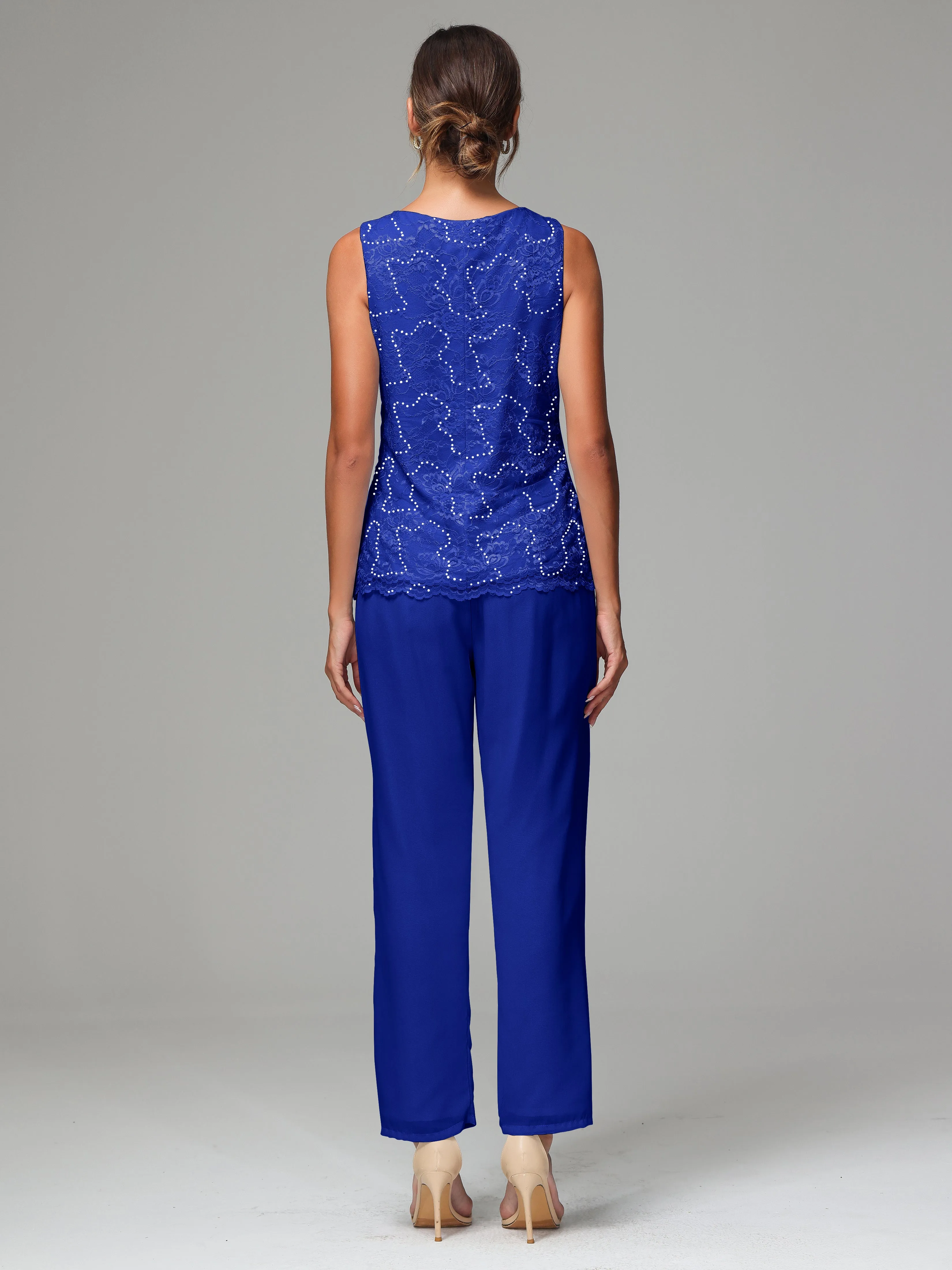 Chiffon Lace Long Sleeves 3 Pieces Mother Of The Bride Dress Pants Suits