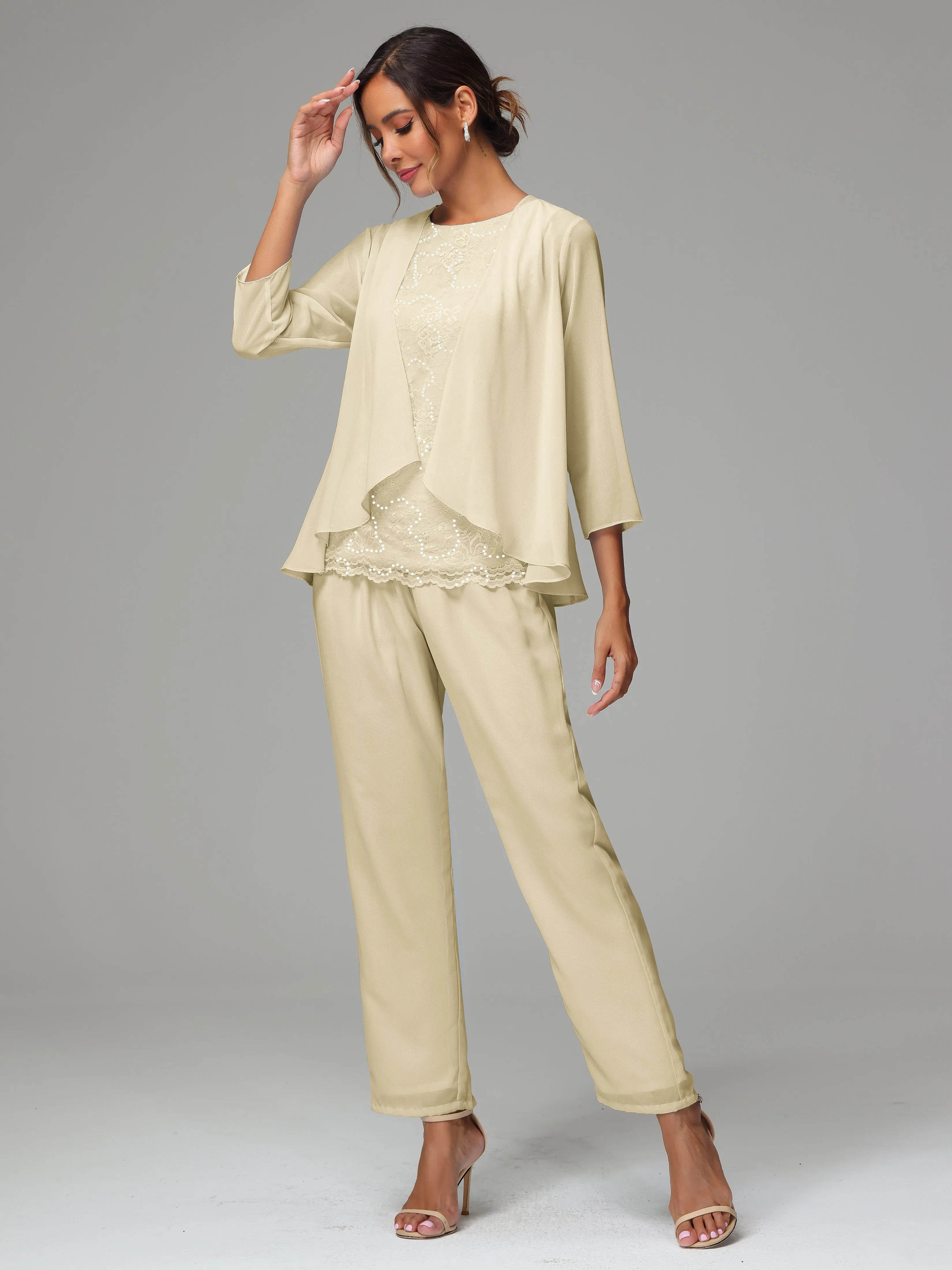 Chiffon Lace Long Sleeves 3 Pieces Mother Of The Bride Dress Pants Suits