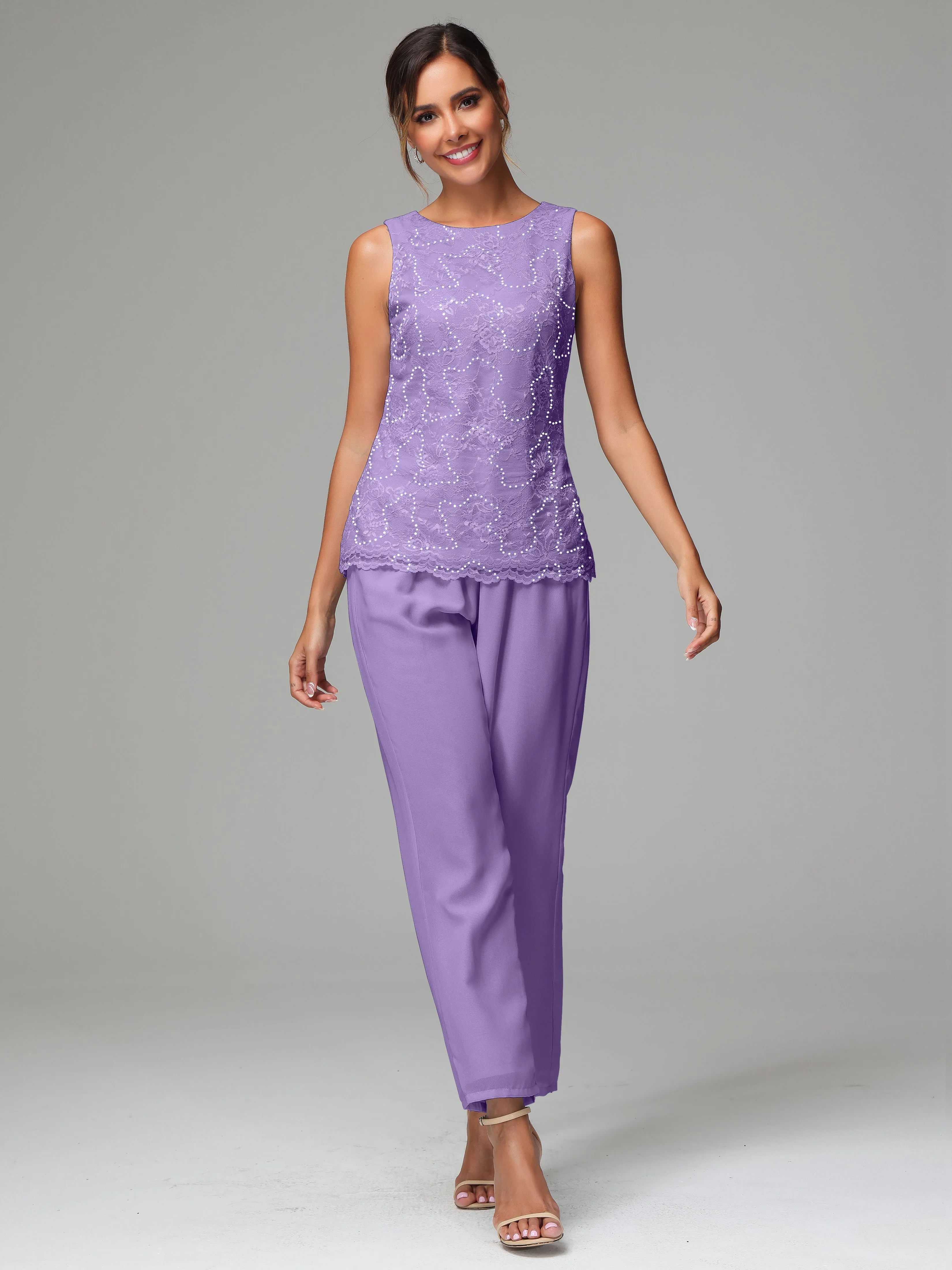 Chiffon Lace Long Sleeves 3 Pieces Mother Of The Bride Dress Pants Suits