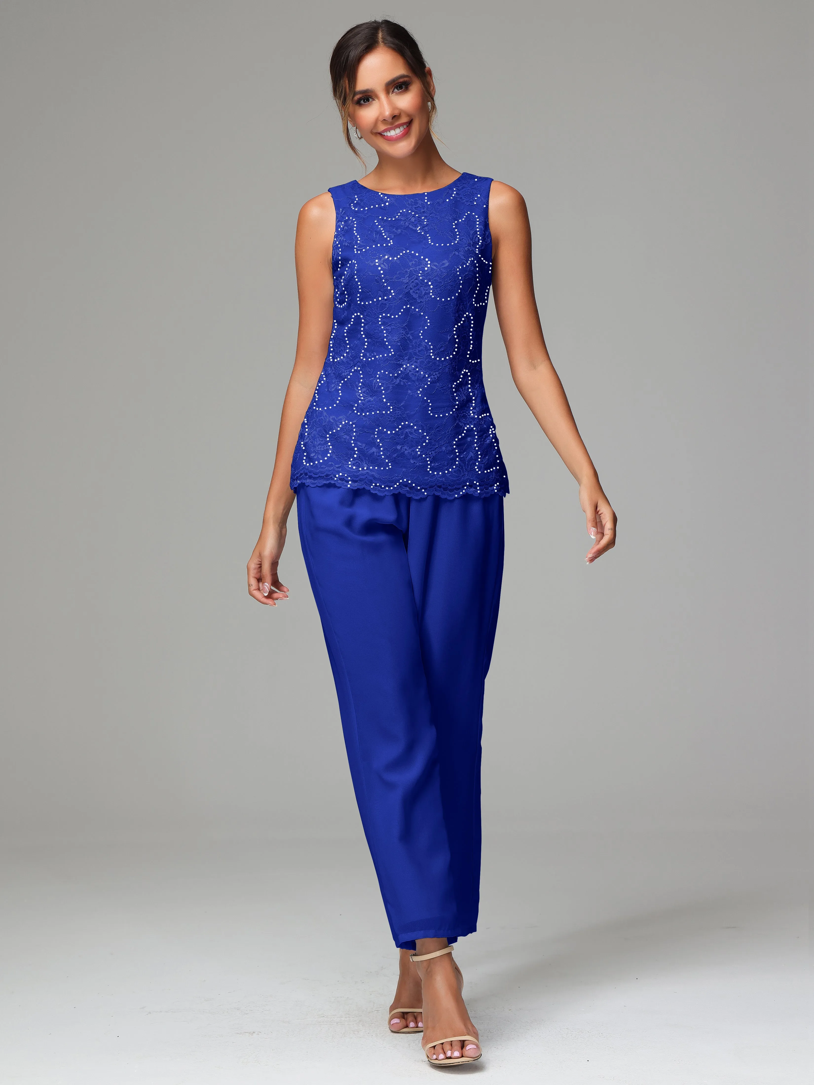Chiffon Lace Long Sleeves 3 Pieces Mother Of The Bride Dress Pants Suits