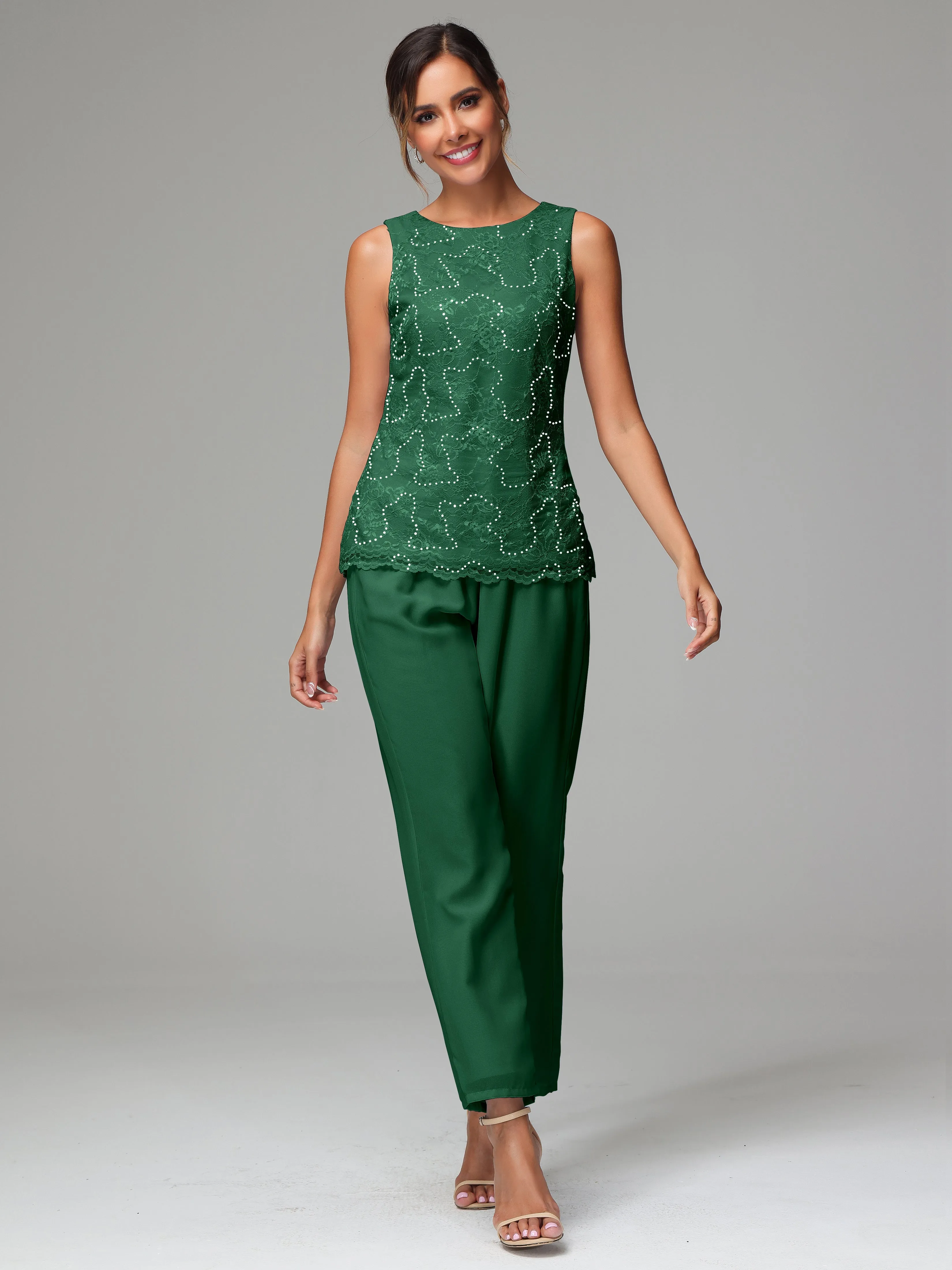 Chiffon Lace Long Sleeves 3 Pieces Mother Of The Bride Dress Pants Suits