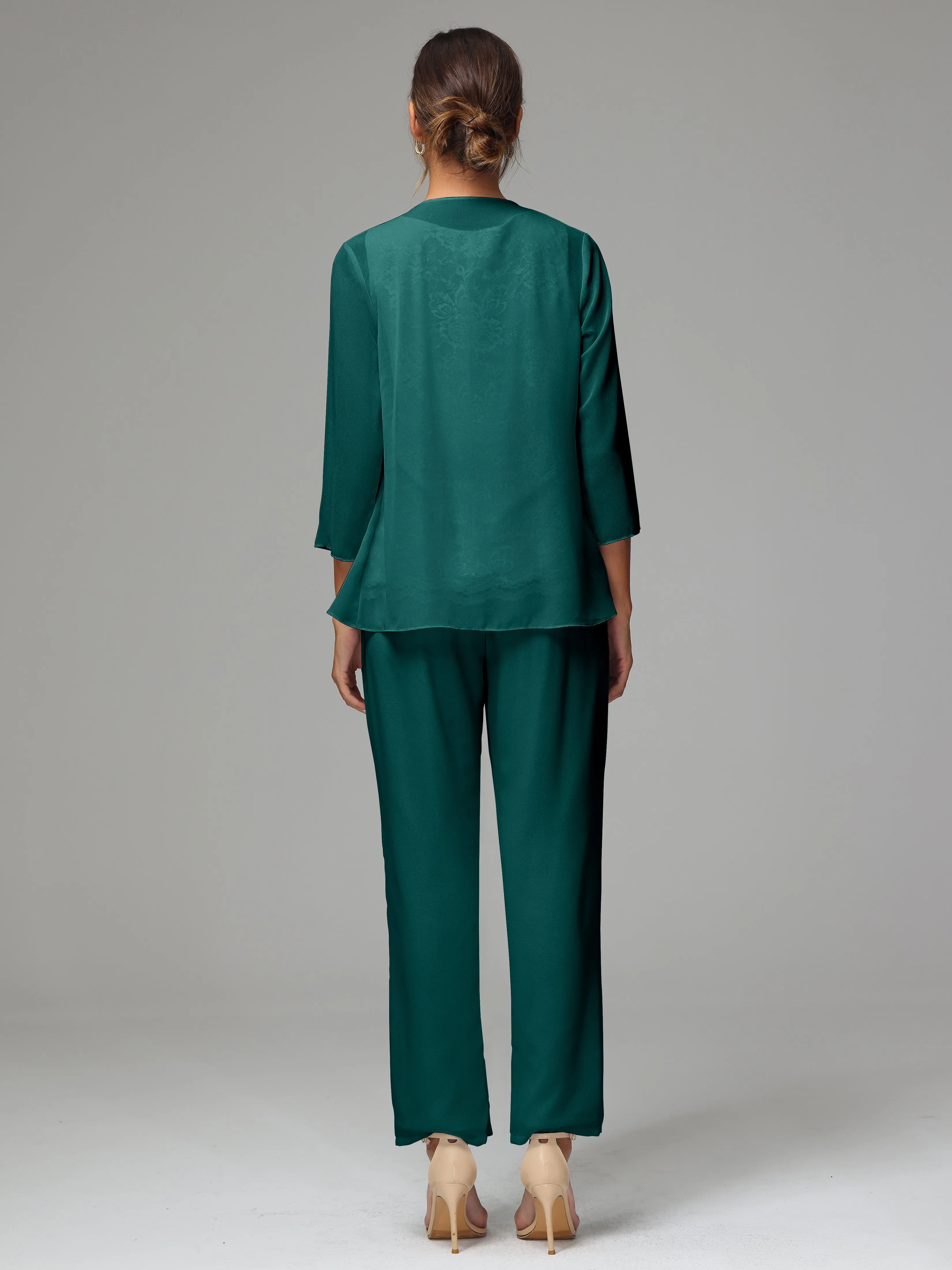 Chiffon Lace Long Sleeves 3 Pieces Mother Of The Bride Dress Pants Suits
