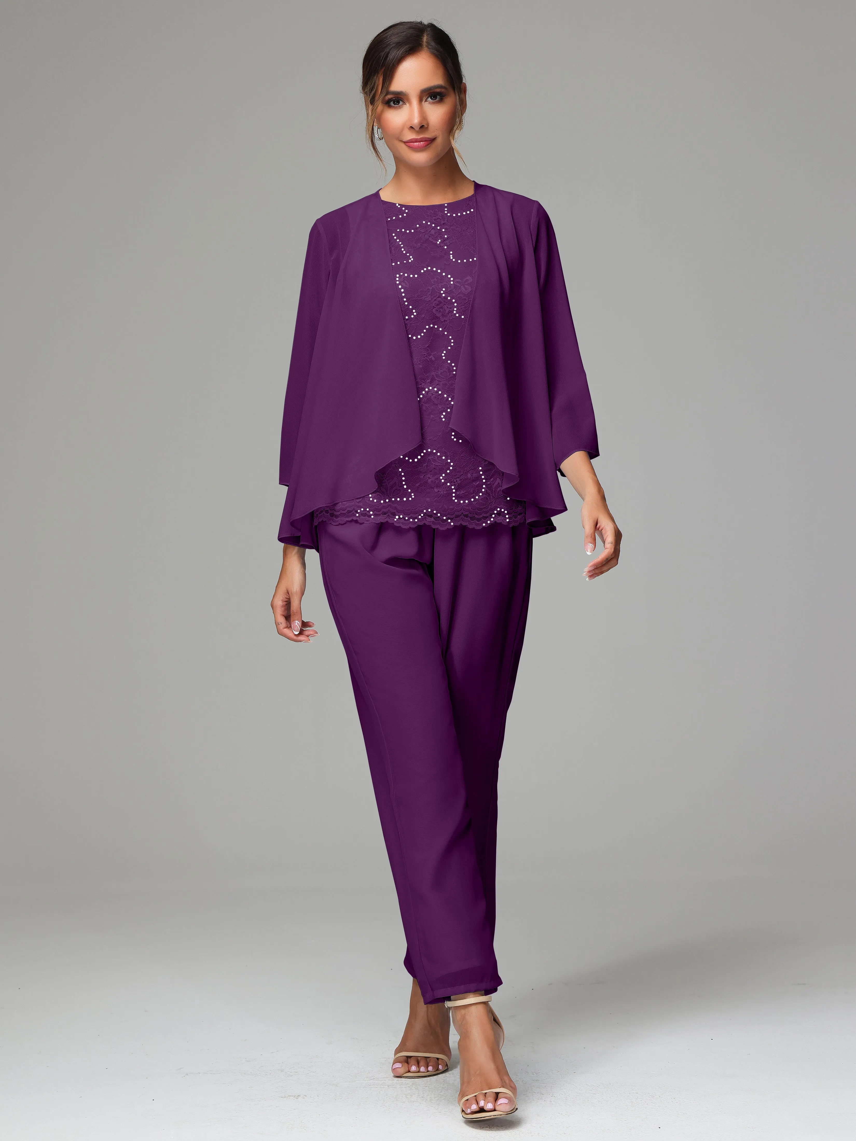 Chiffon Lace Long Sleeves 3 Pieces Mother Of The Bride Dress Pants Suits