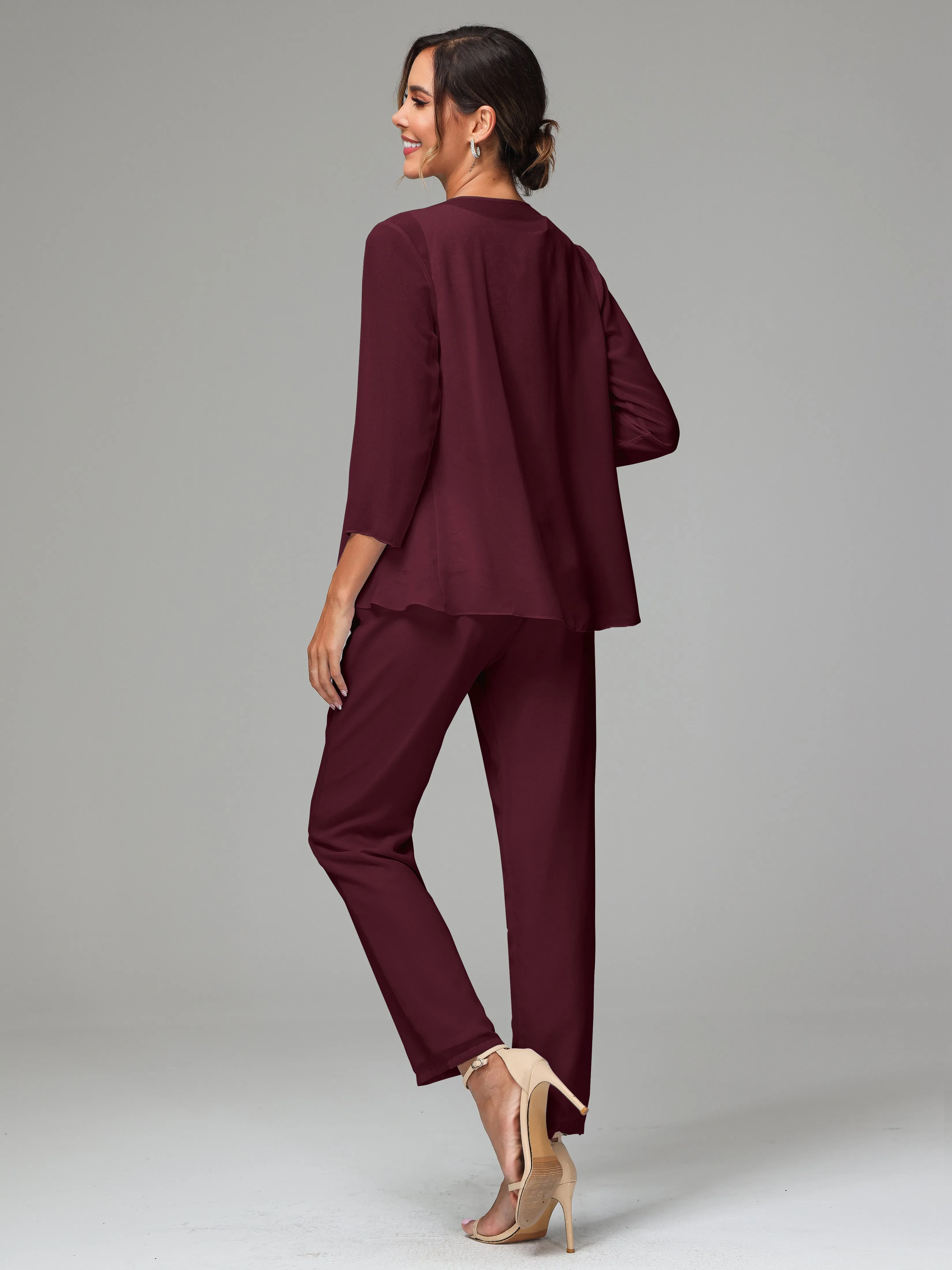 Chiffon Lace Long Sleeves 3 Pieces Mother Of The Bride Dress Pants Suits