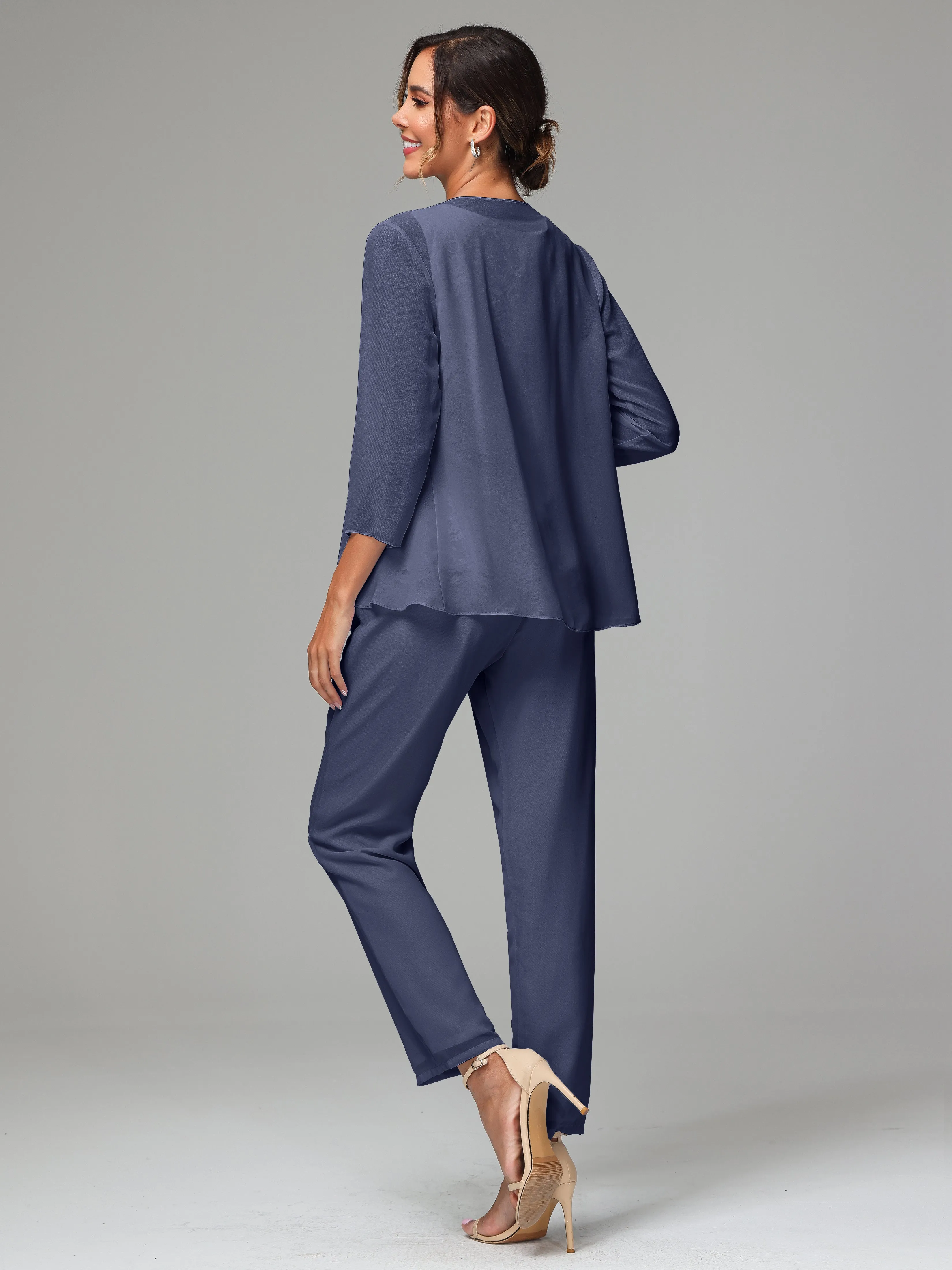 Chiffon Lace Long Sleeves 3 Pieces Mother Of The Bride Dress Pants Suits