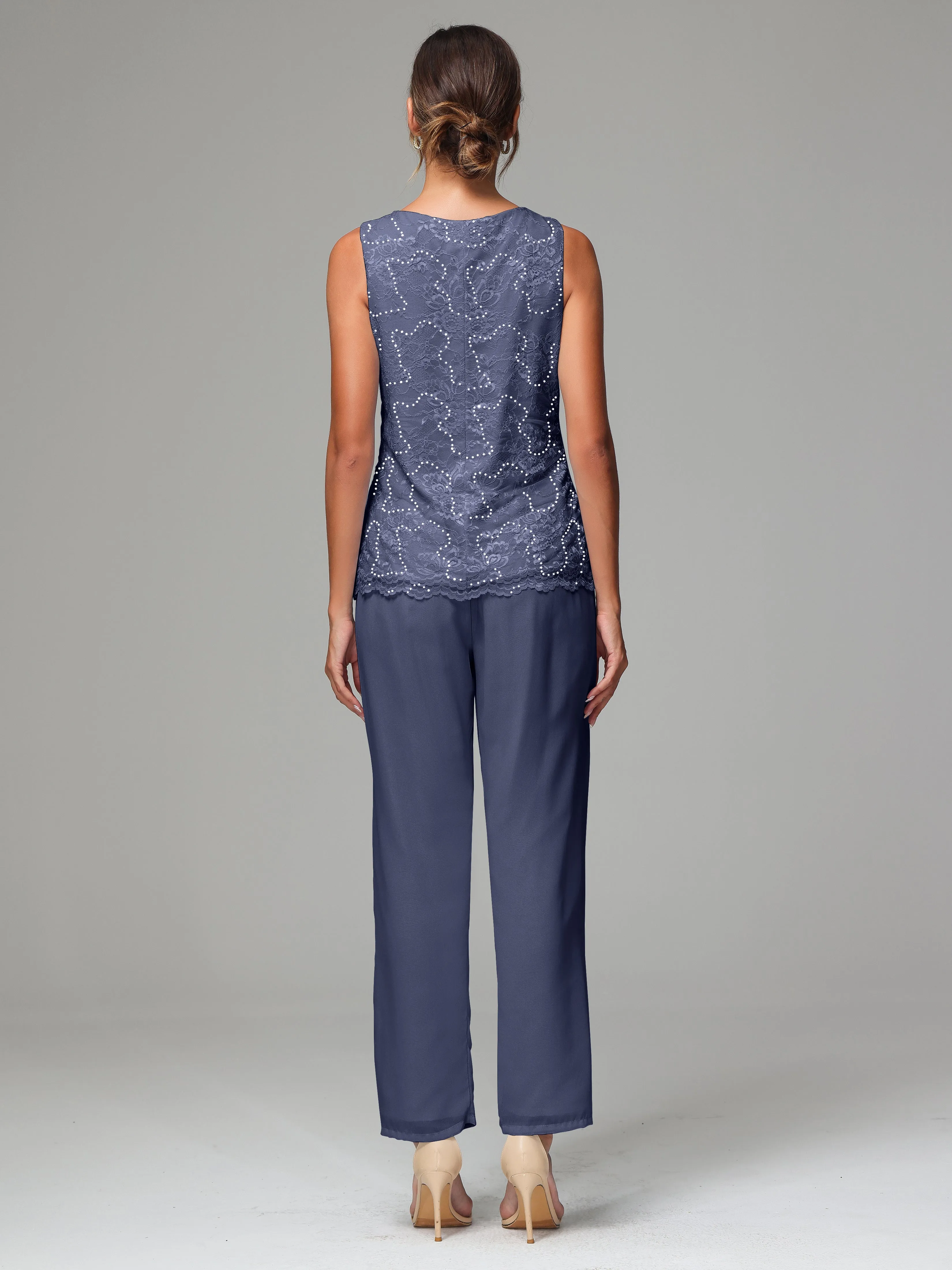 Chiffon Lace Long Sleeves 3 Pieces Mother Of The Bride Dress Pants Suits