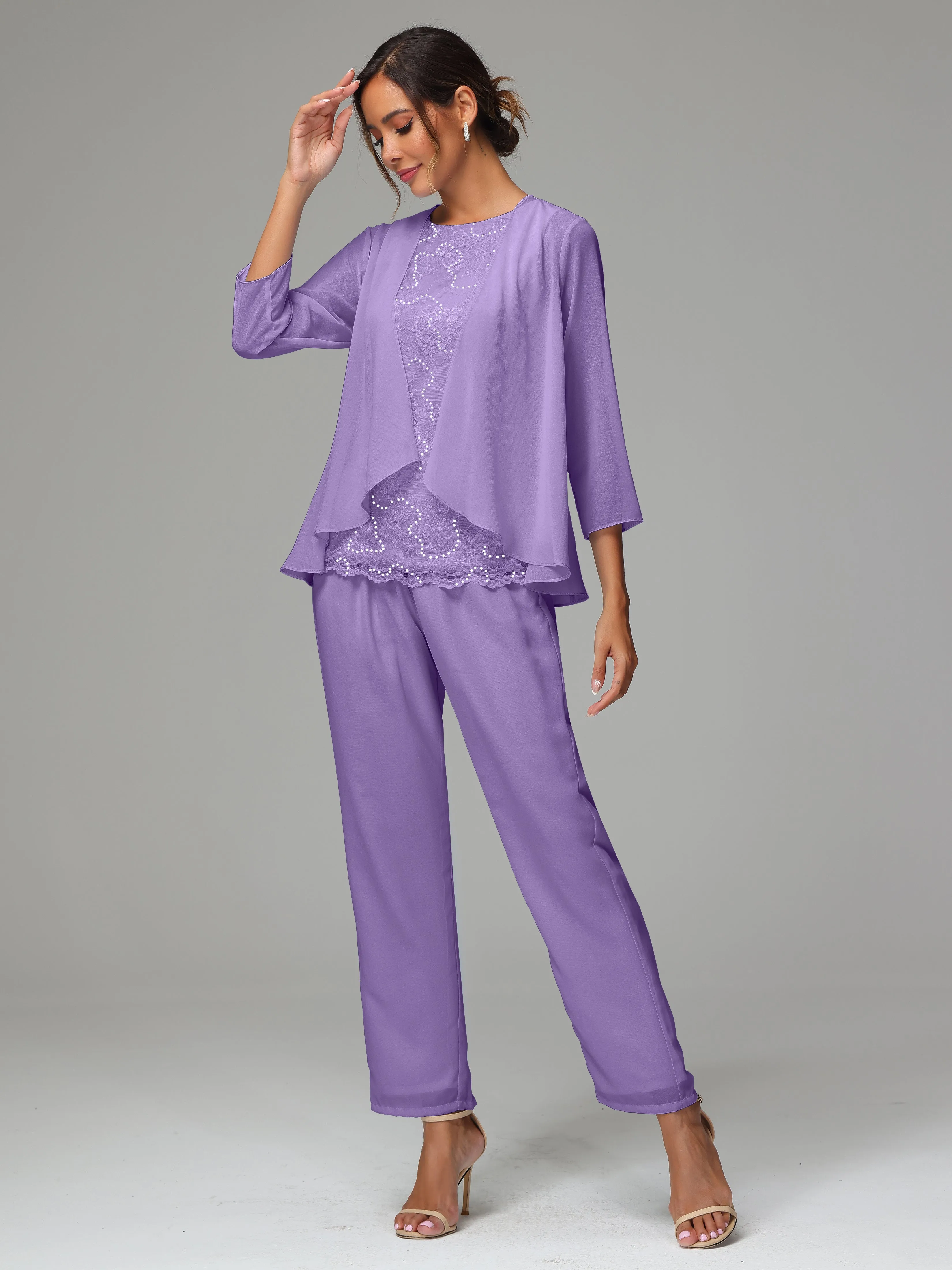 Chiffon Lace Long Sleeves 3 Pieces Mother Of The Bride Dress Pants Suits