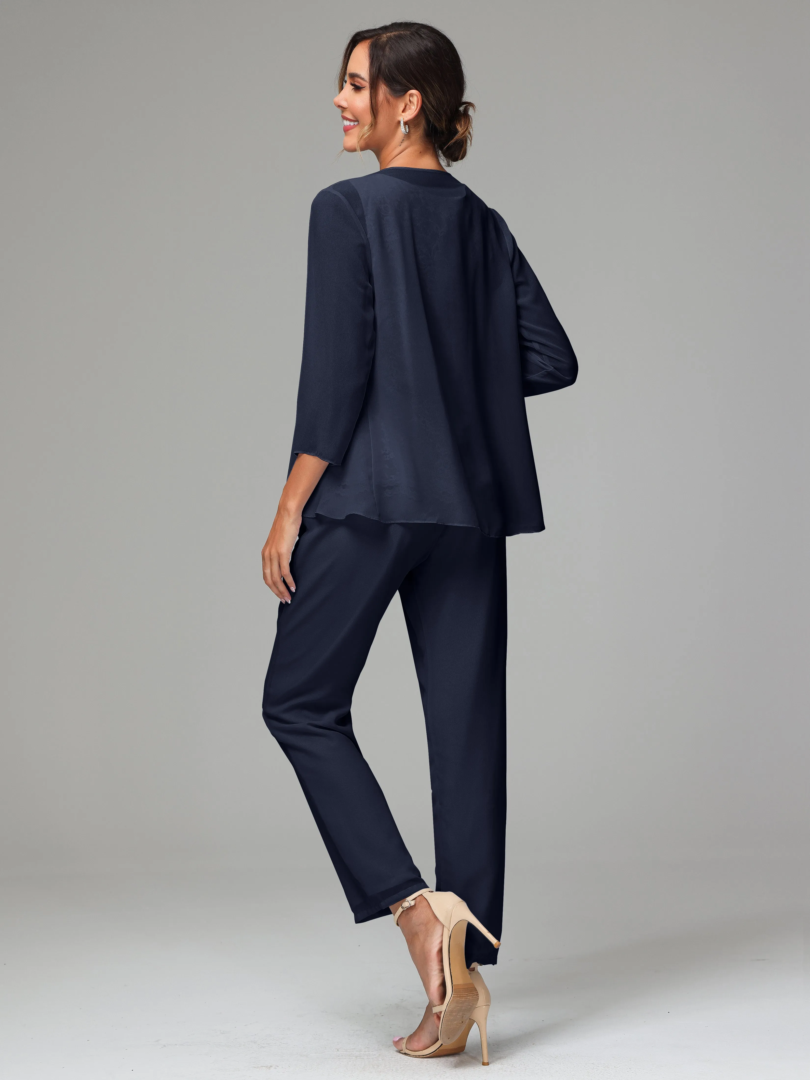 Chiffon Lace Long Sleeves 3 Pieces Mother Of The Bride Dress Pants Suits