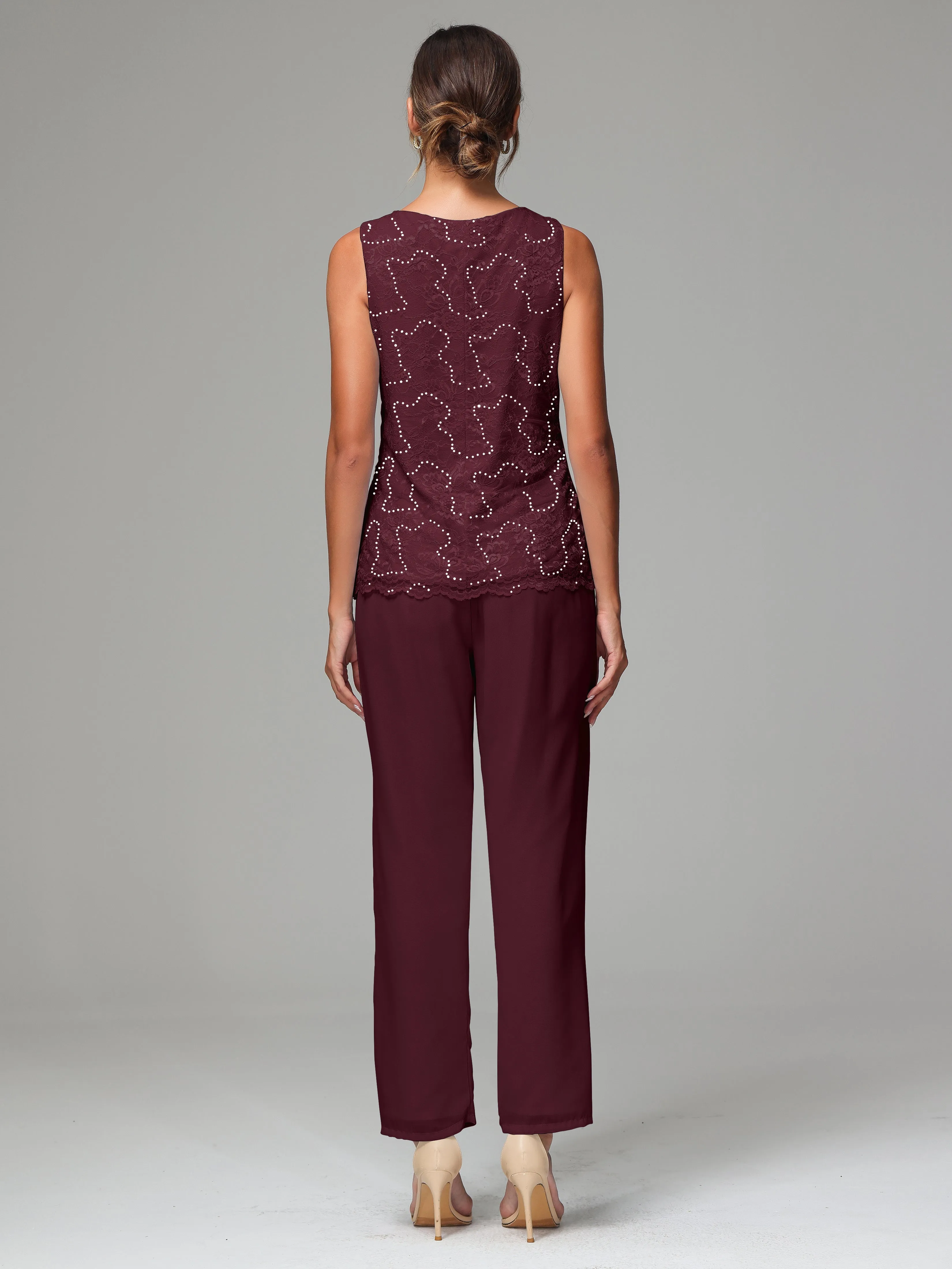 Chiffon Lace Long Sleeves 3 Pieces Mother Of The Bride Dress Pants Suits