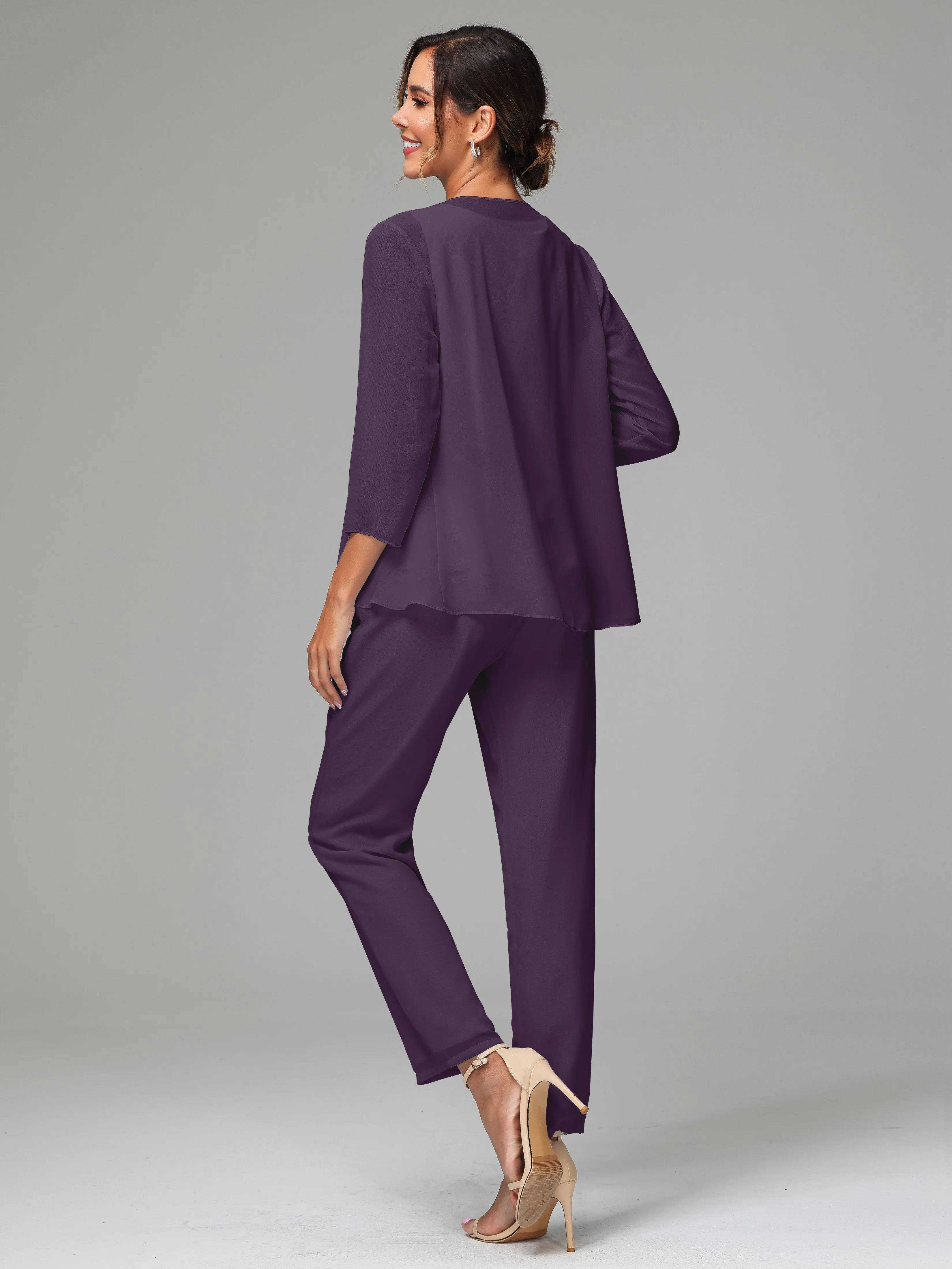 Chiffon Lace Long Sleeves 3 Pieces Mother Of The Bride Dress Pants Suits