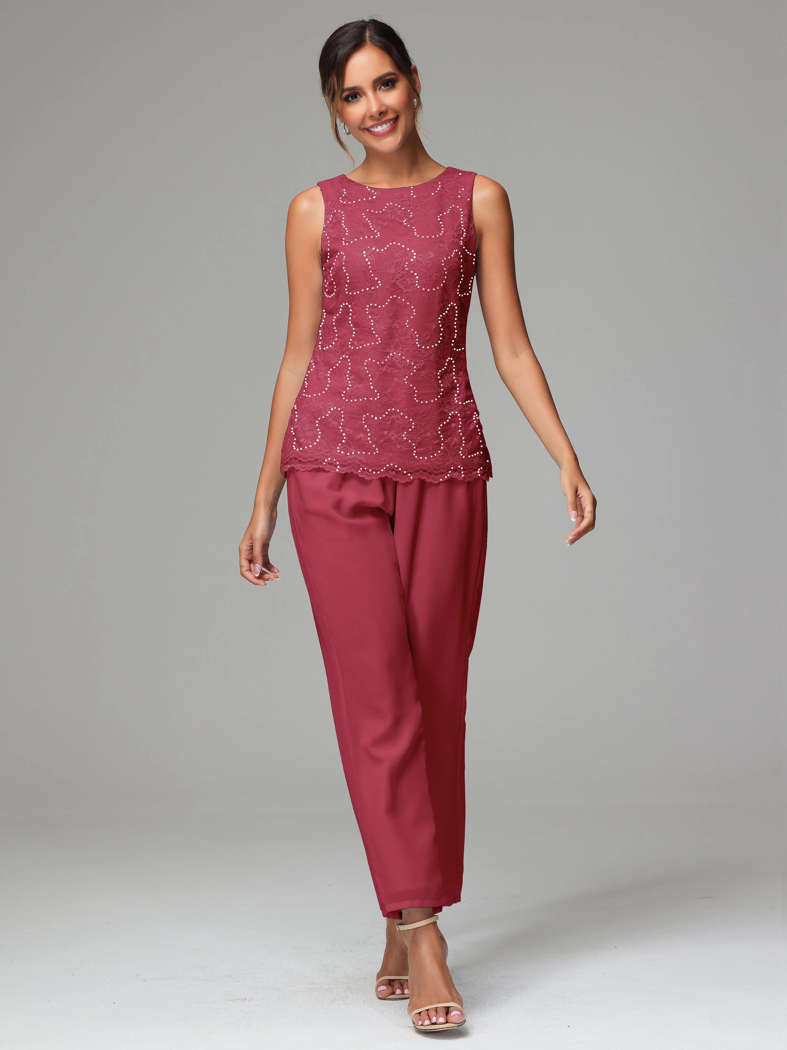 Chiffon Lace Long Sleeves 3 Pieces Mother Of The Bride Dress Pants Suits