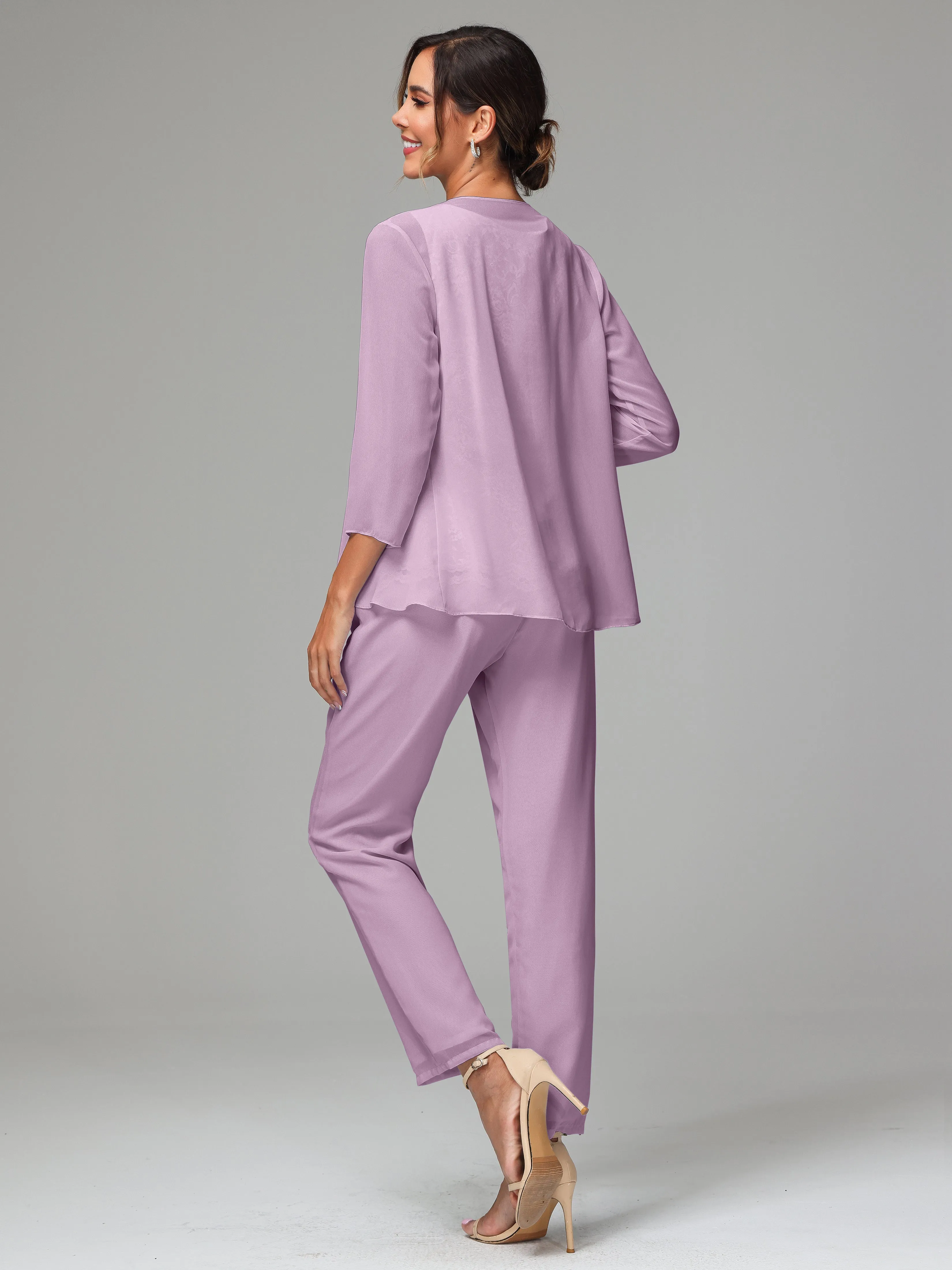 Chiffon Lace Long Sleeves 3 Pieces Mother Of The Bride Dress Pants Suits