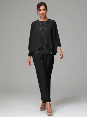 Chiffon Lace Long Sleeves 3 Pieces Mother Of The Bride Dress Pants Suits