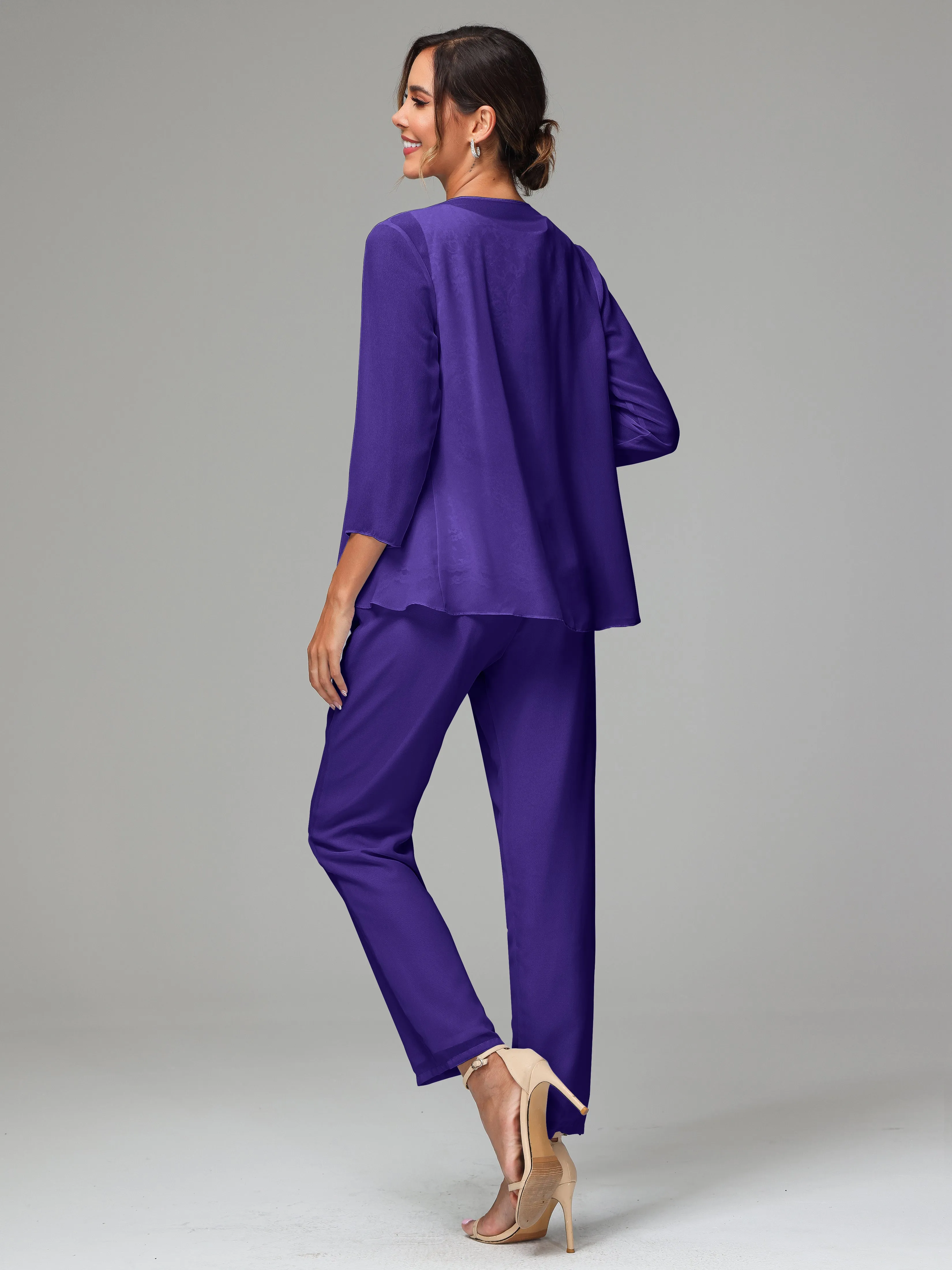 Chiffon Lace Long Sleeves 3 Pieces Mother Of The Bride Dress Pants Suits