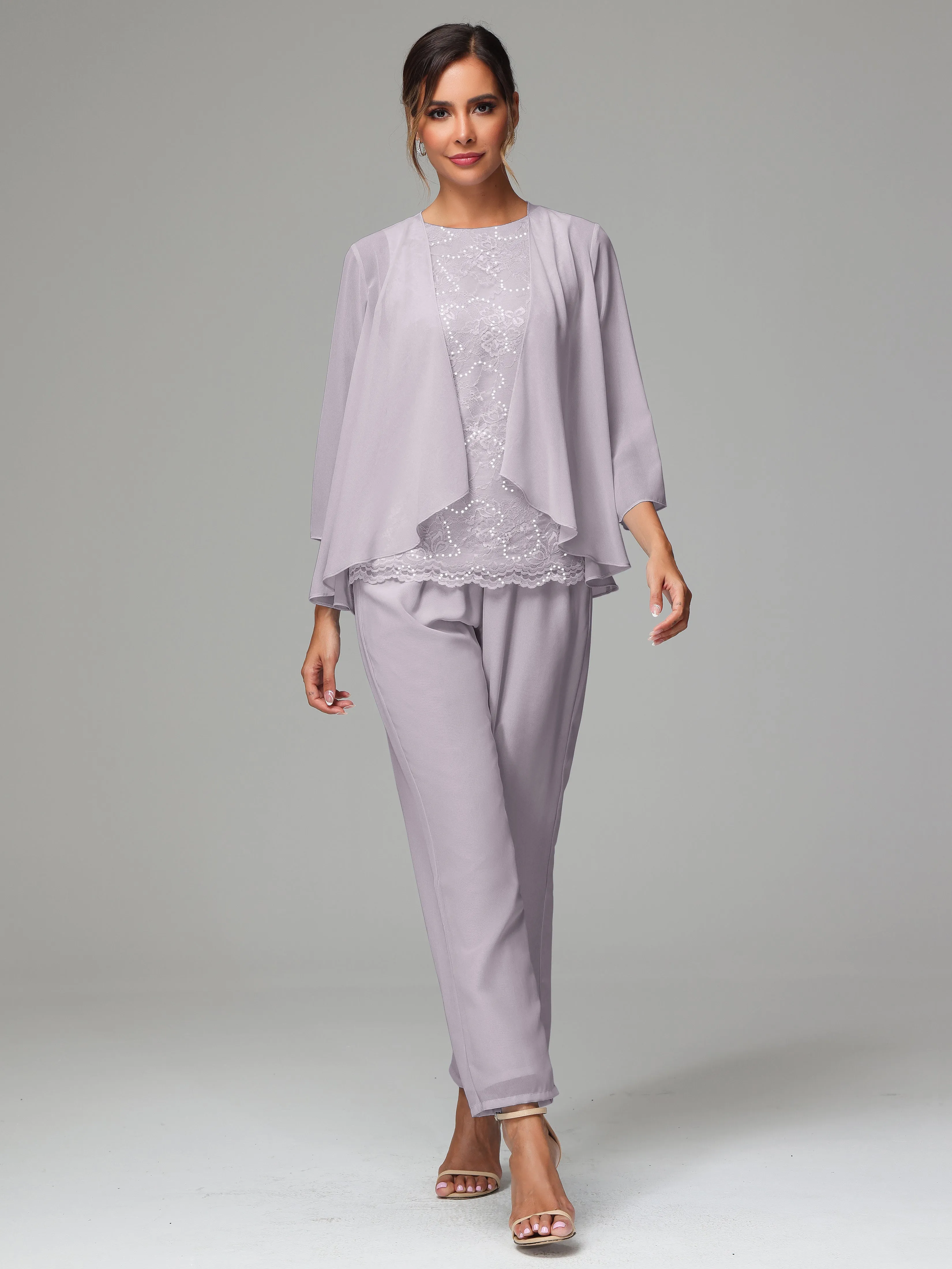 Chiffon Lace Long Sleeves 3 Pieces Mother Of The Bride Dress Pants Suits