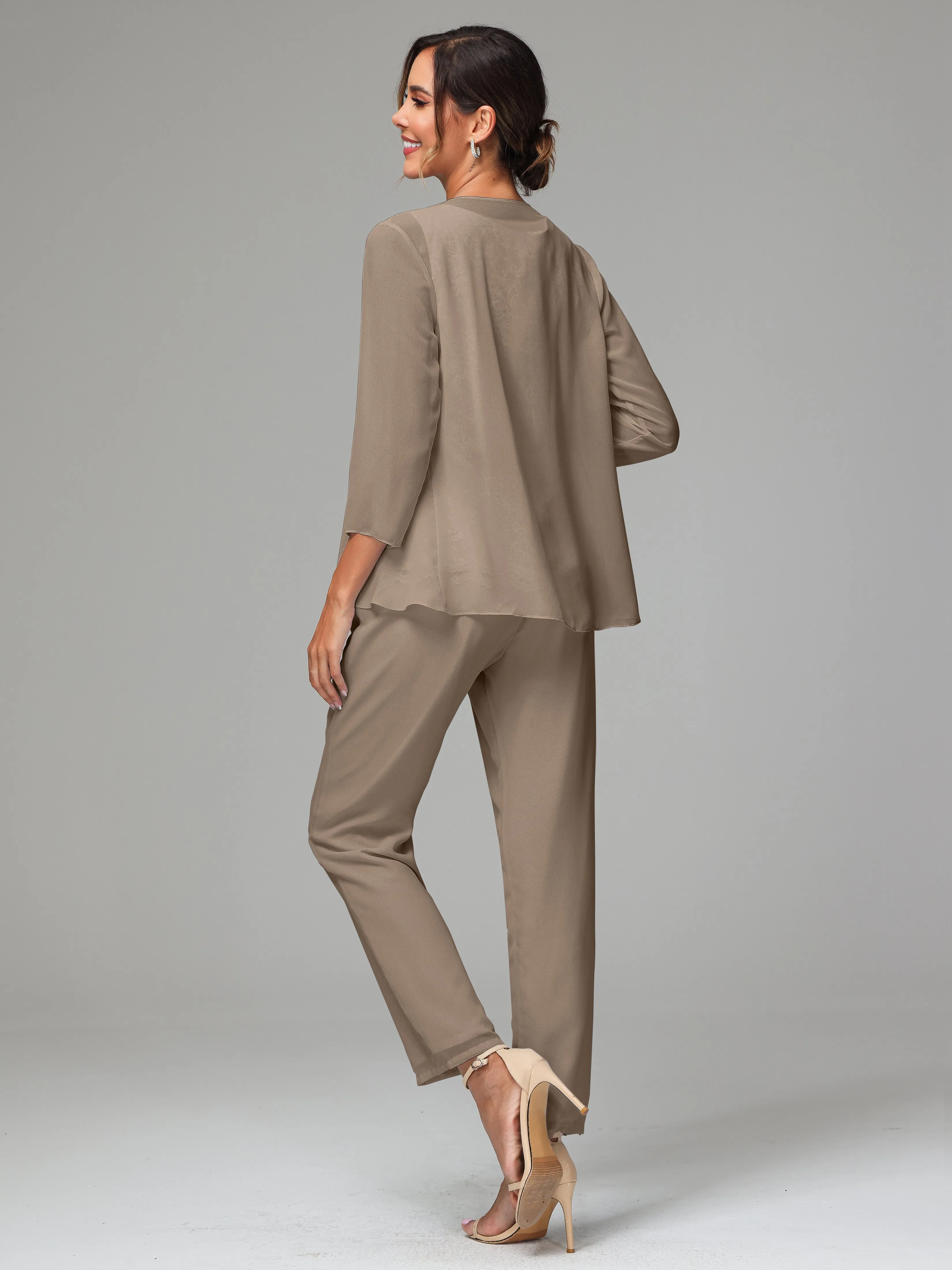 Chiffon Lace Long Sleeves 3 Pieces Mother Of The Bride Dress Pants Suits