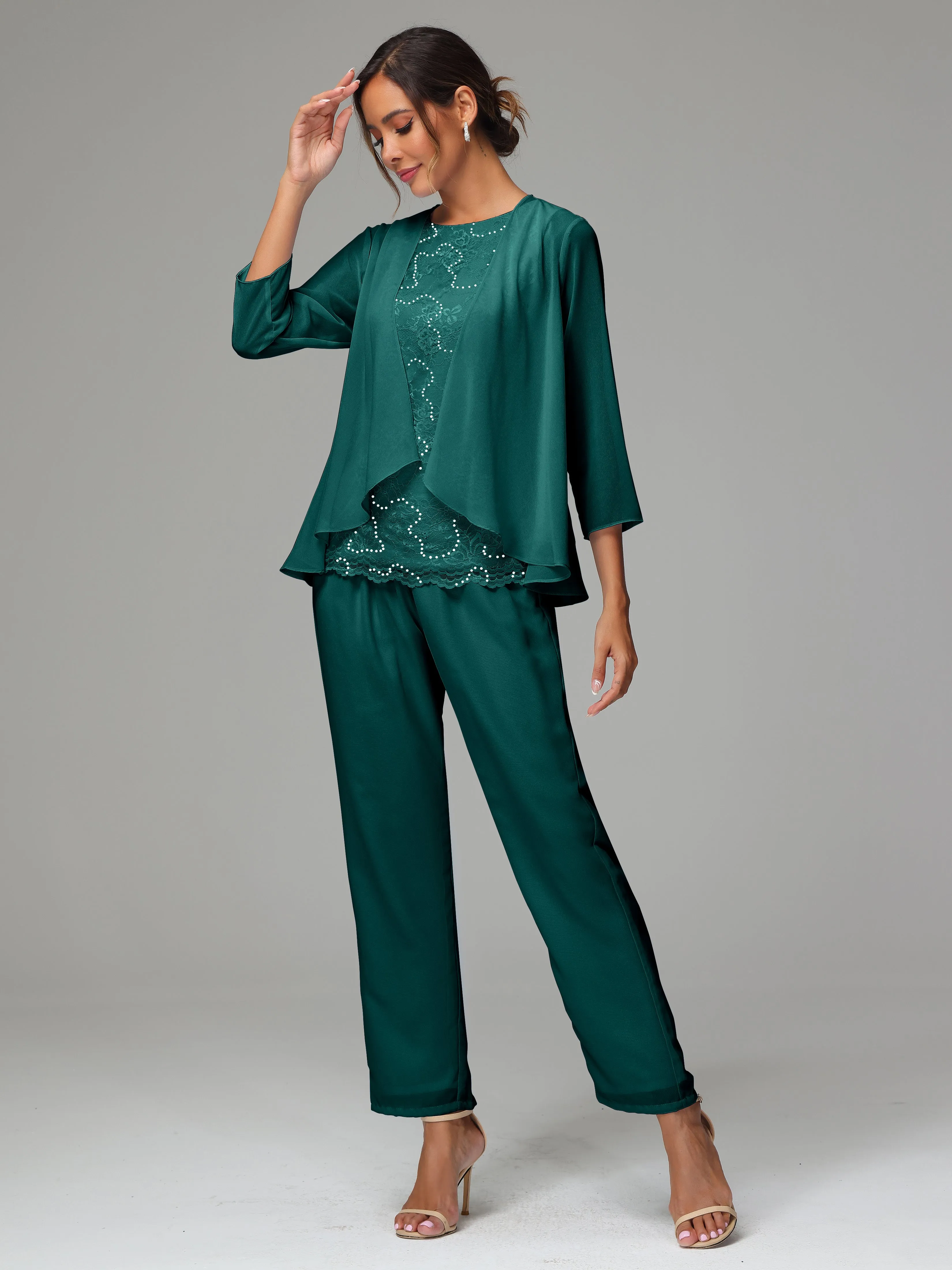 Chiffon Lace Long Sleeves 3 Pieces Mother Of The Bride Dress Pants Suits
