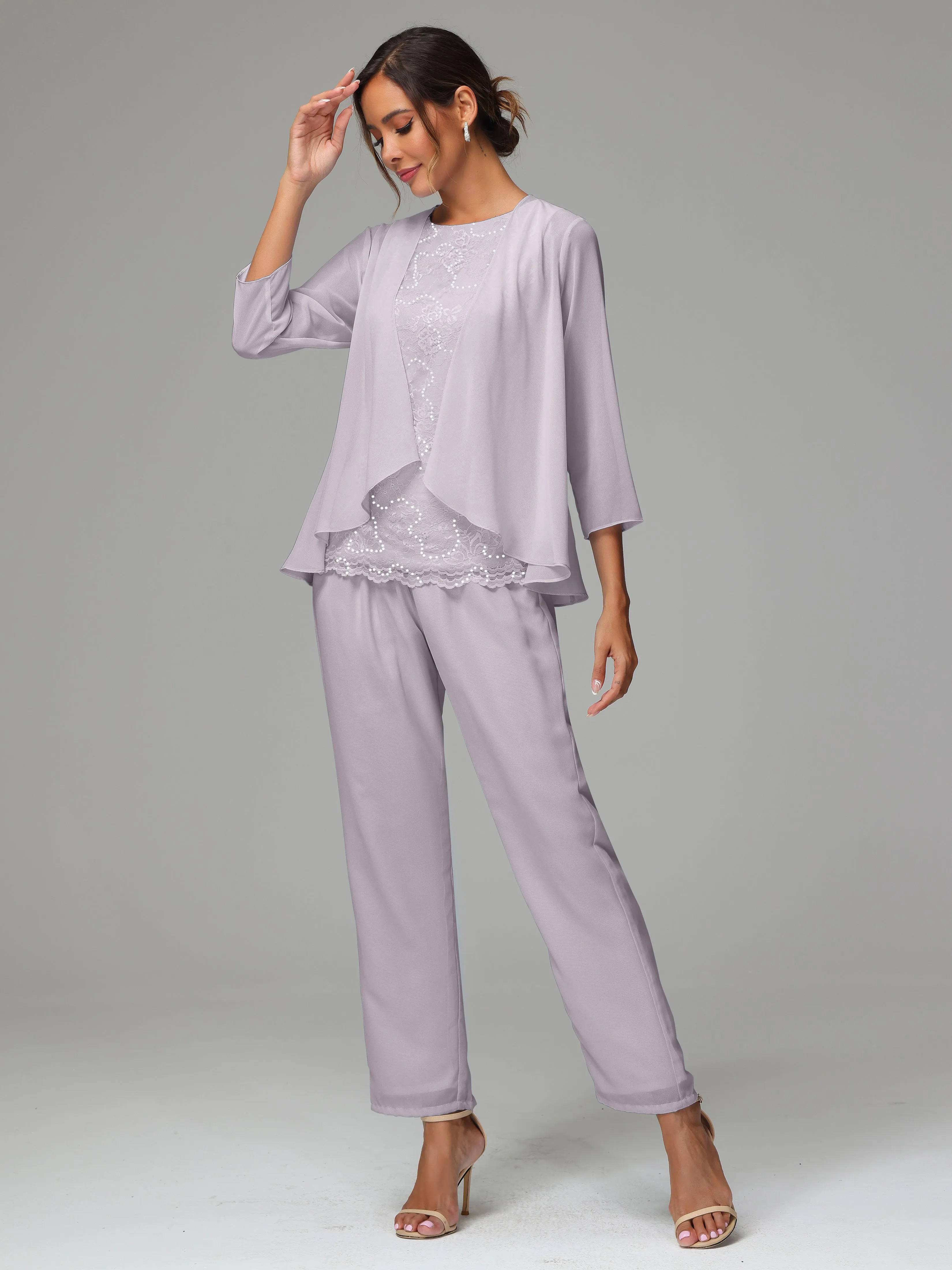 Chiffon Lace Long Sleeves 3 Pieces Mother Of The Bride Dress Pants Suits
