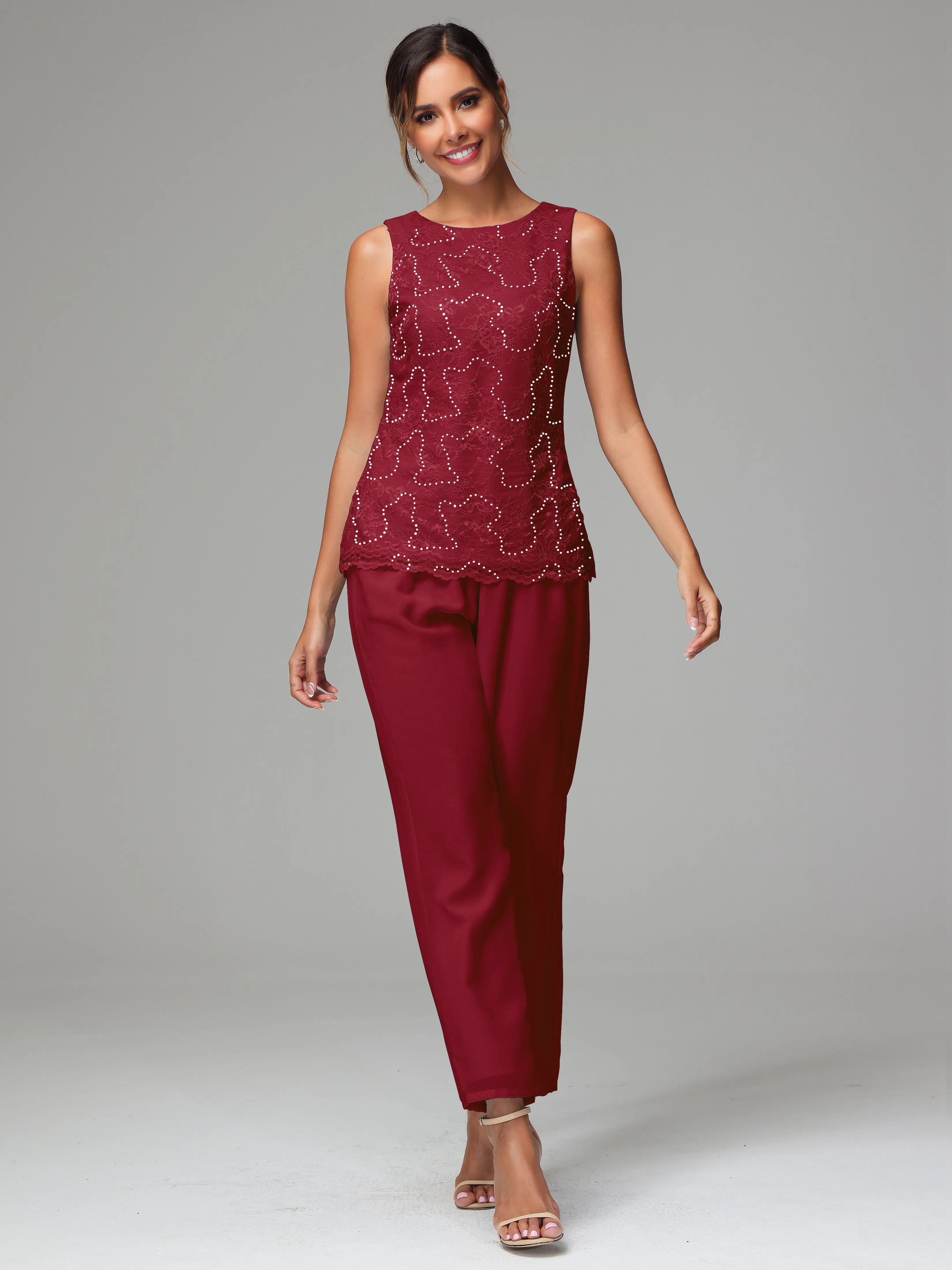Chiffon Lace Long Sleeves 3 Pieces Mother Of The Bride Dress Pants Suits