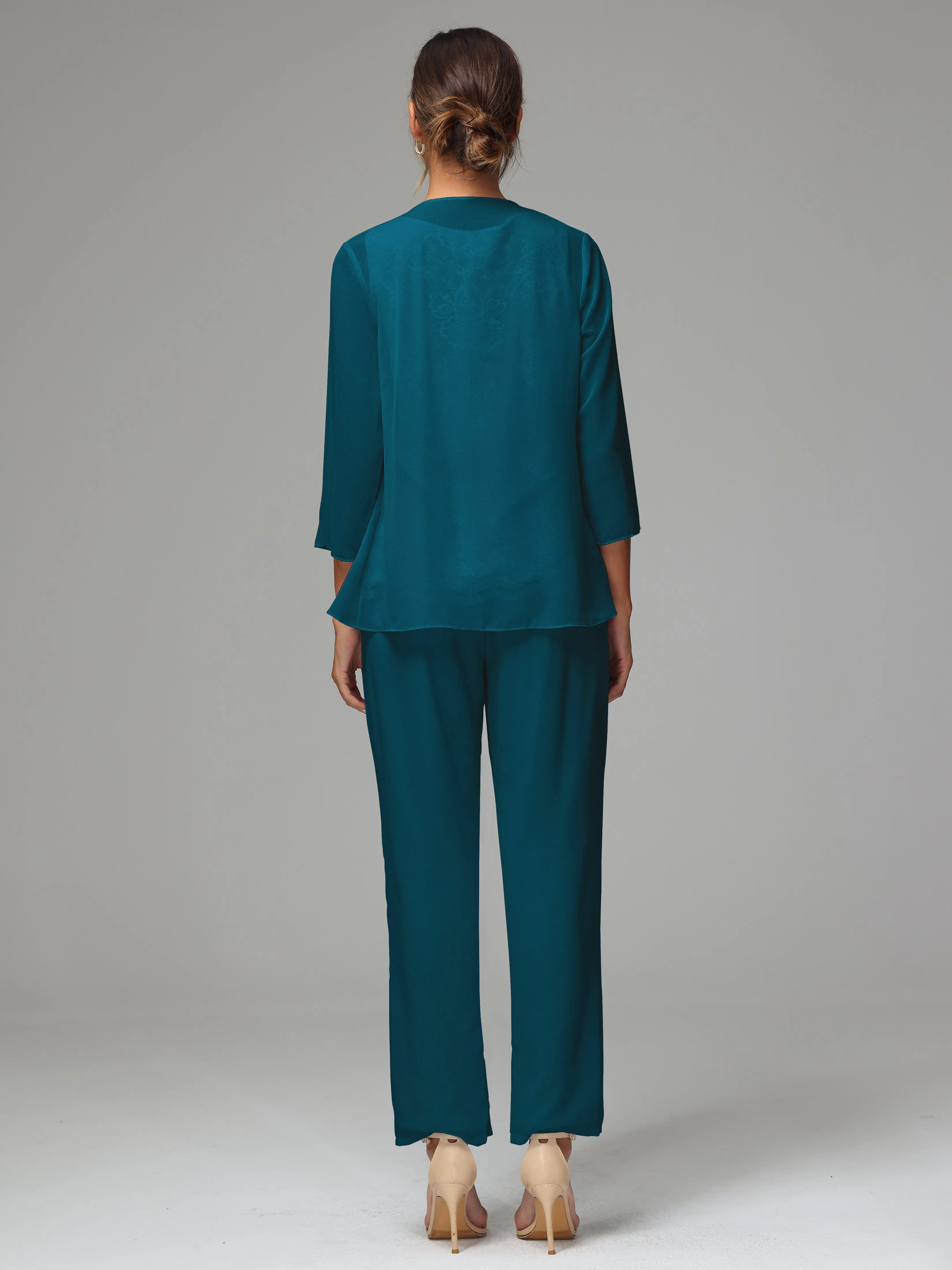 Chiffon Lace Long Sleeves 3 Pieces Mother Of The Bride Dress Pants Suits