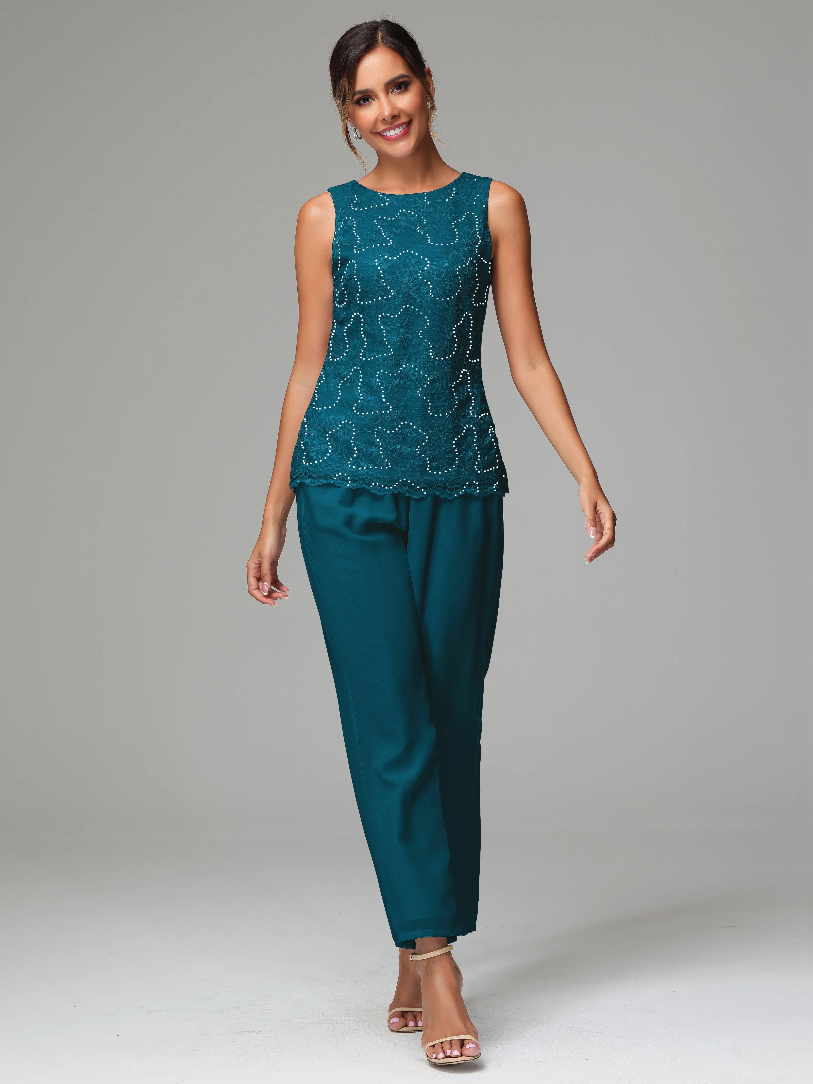 Chiffon Lace Long Sleeves 3 Pieces Mother Of The Bride Dress Pants Suits