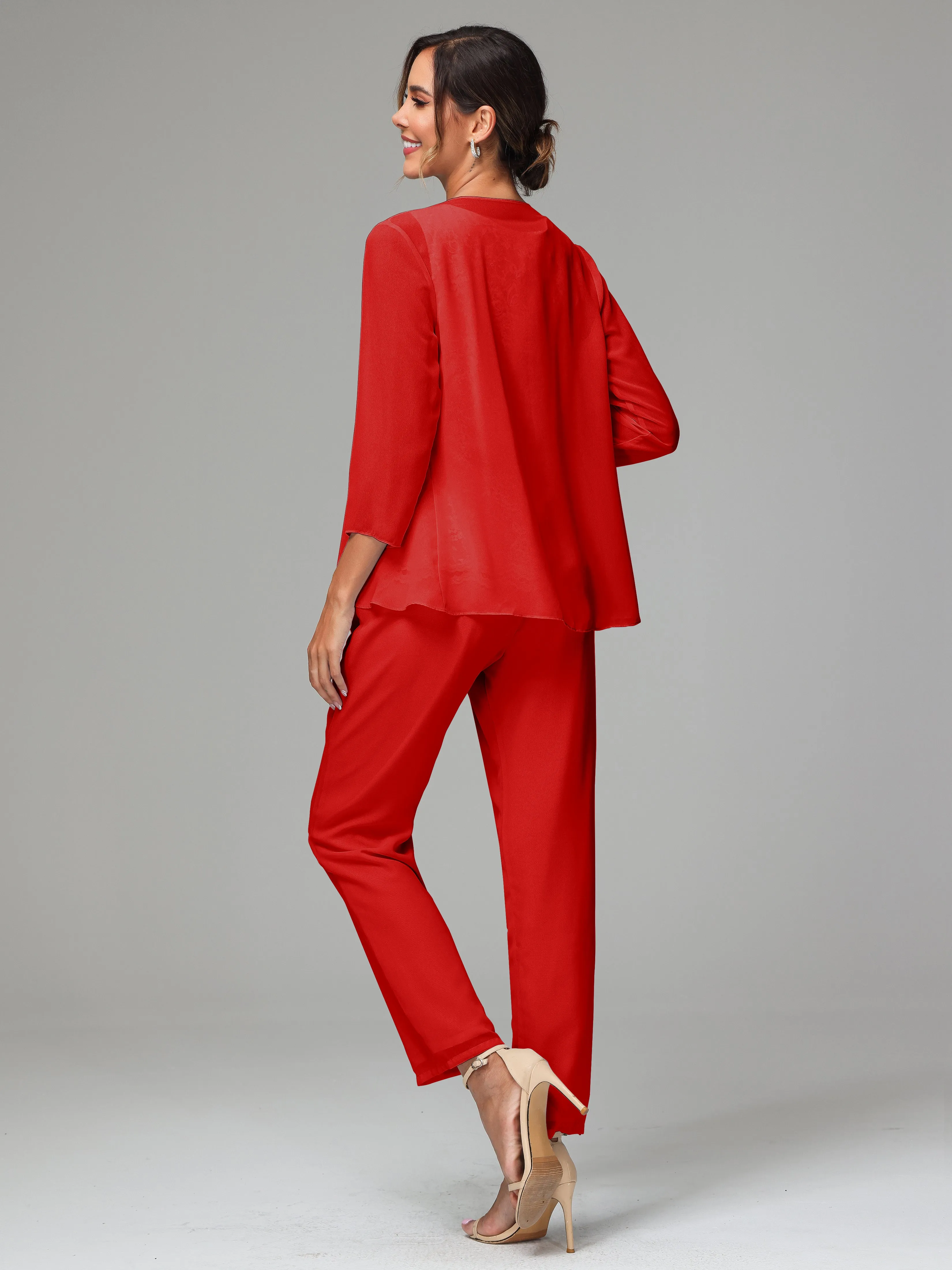 Chiffon Lace Long Sleeves 3 Pieces Mother Of The Bride Dress Pants Suits