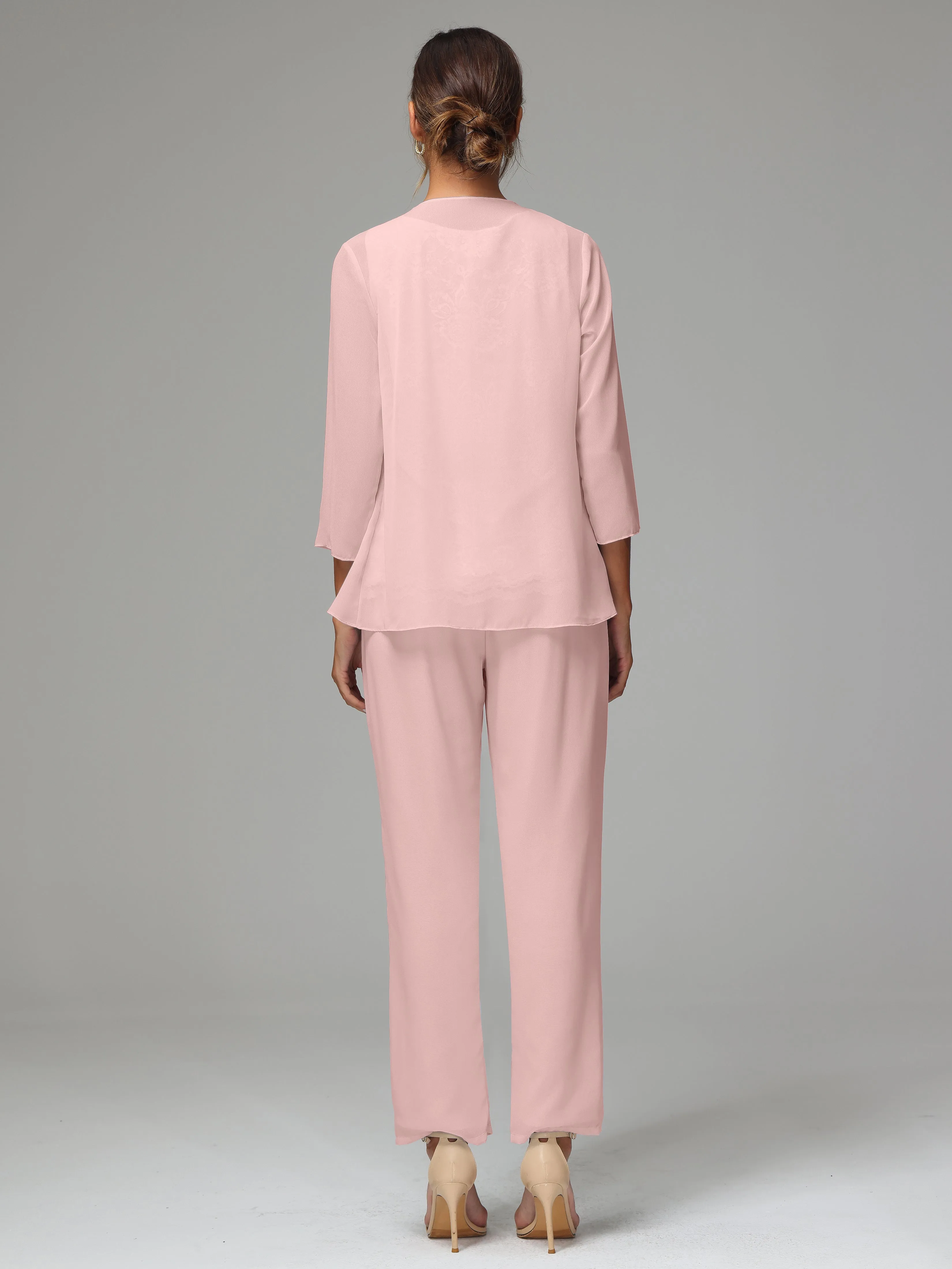 Chiffon Lace Long Sleeves 3 Pieces Mother Of The Bride Dress Pants Suits