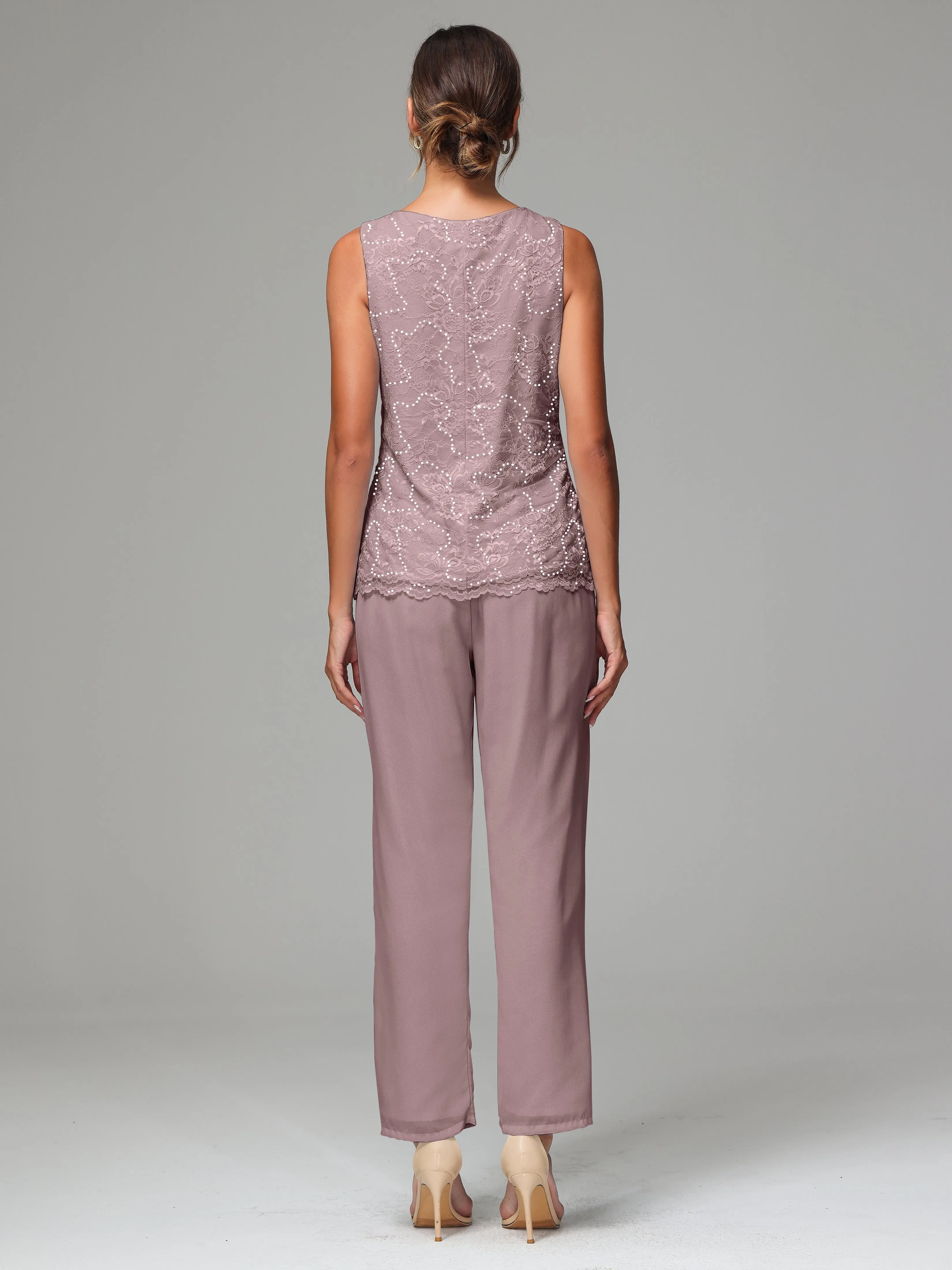 Chiffon Lace Long Sleeves 3 Pieces Mother Of The Bride Dress Pants Suits