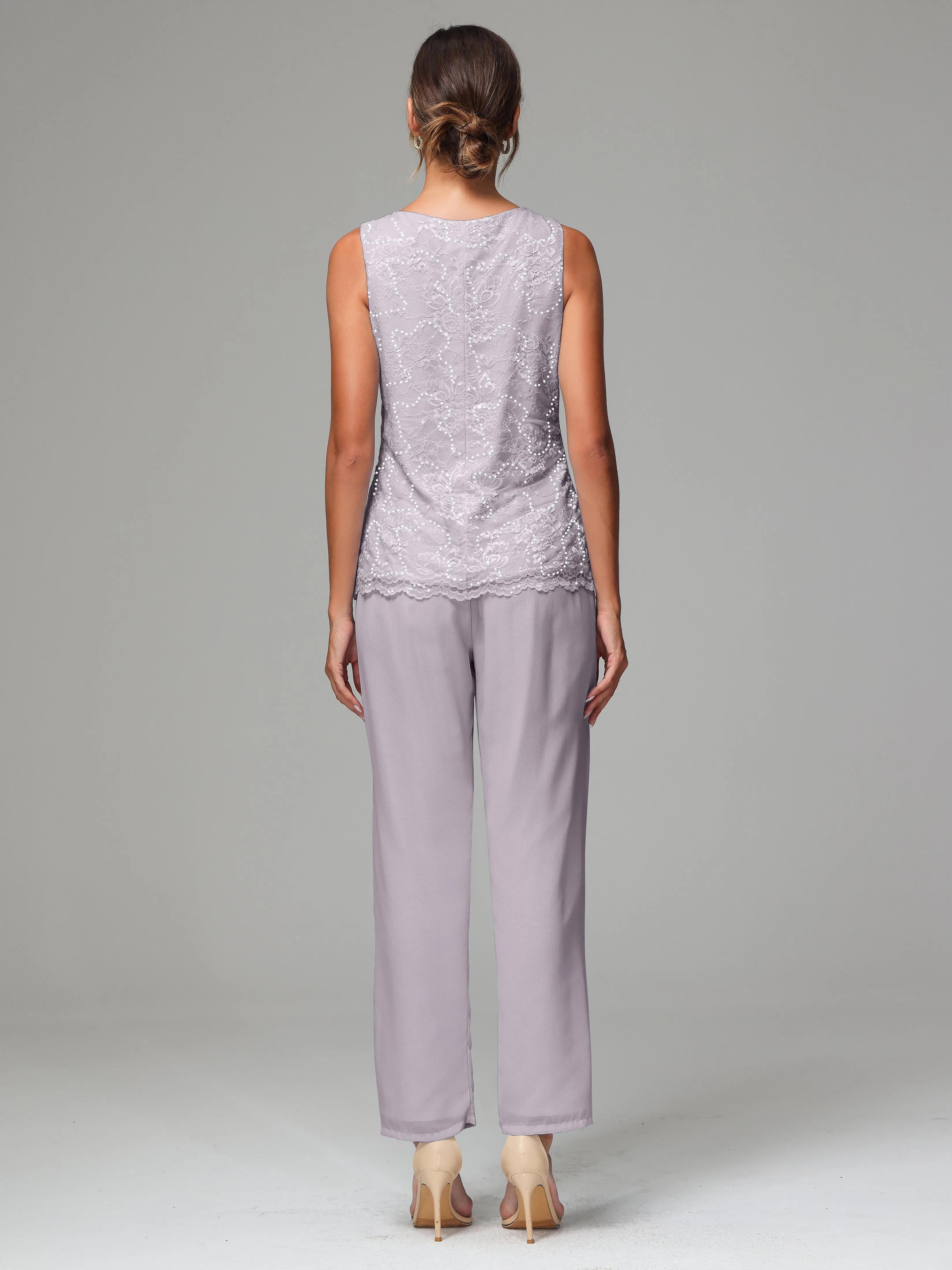Chiffon Lace Long Sleeves 3 Pieces Mother Of The Bride Dress Pants Suits