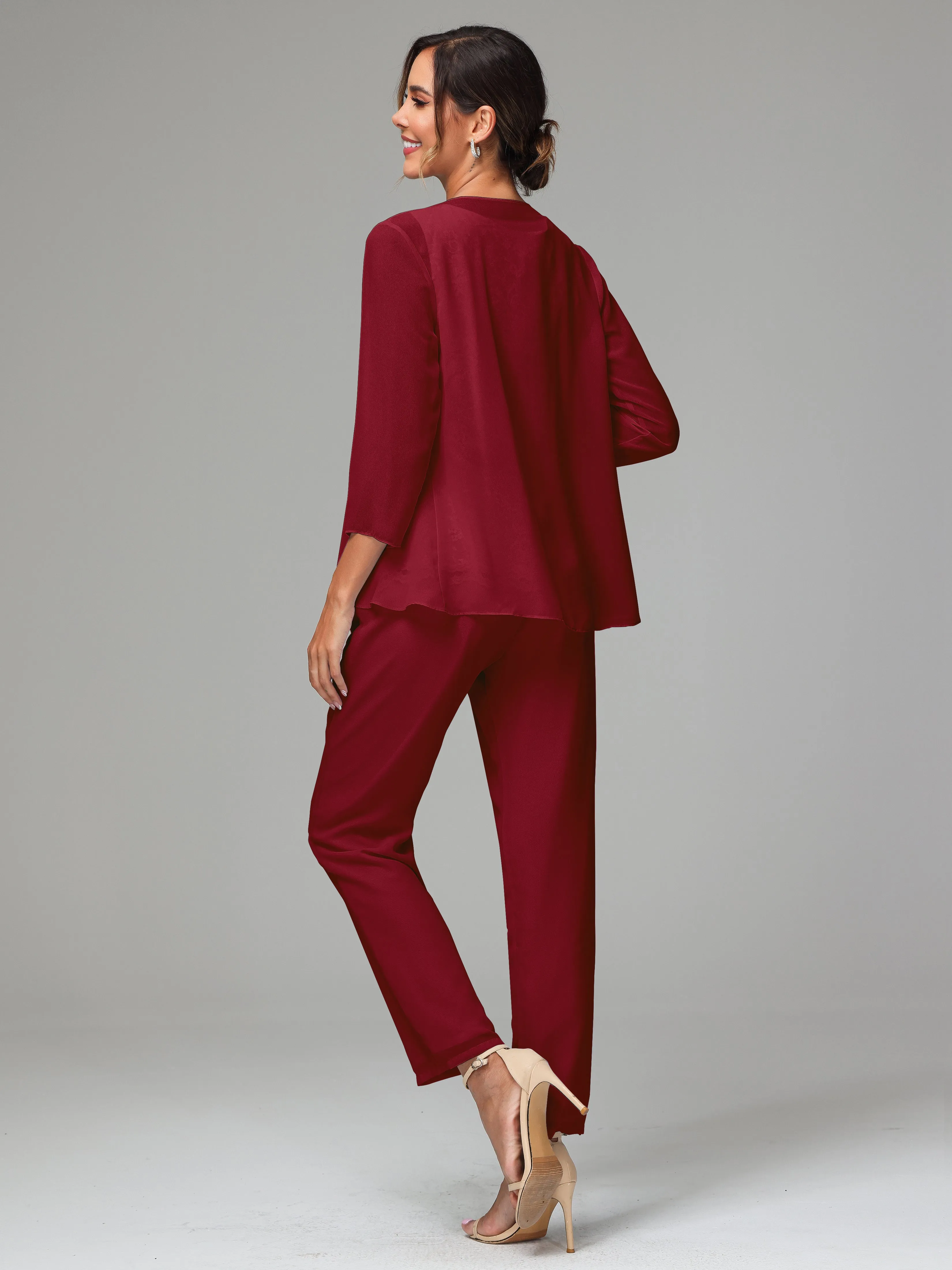 Chiffon Lace Long Sleeves 3 Pieces Mother Of The Bride Dress Pants Suits
