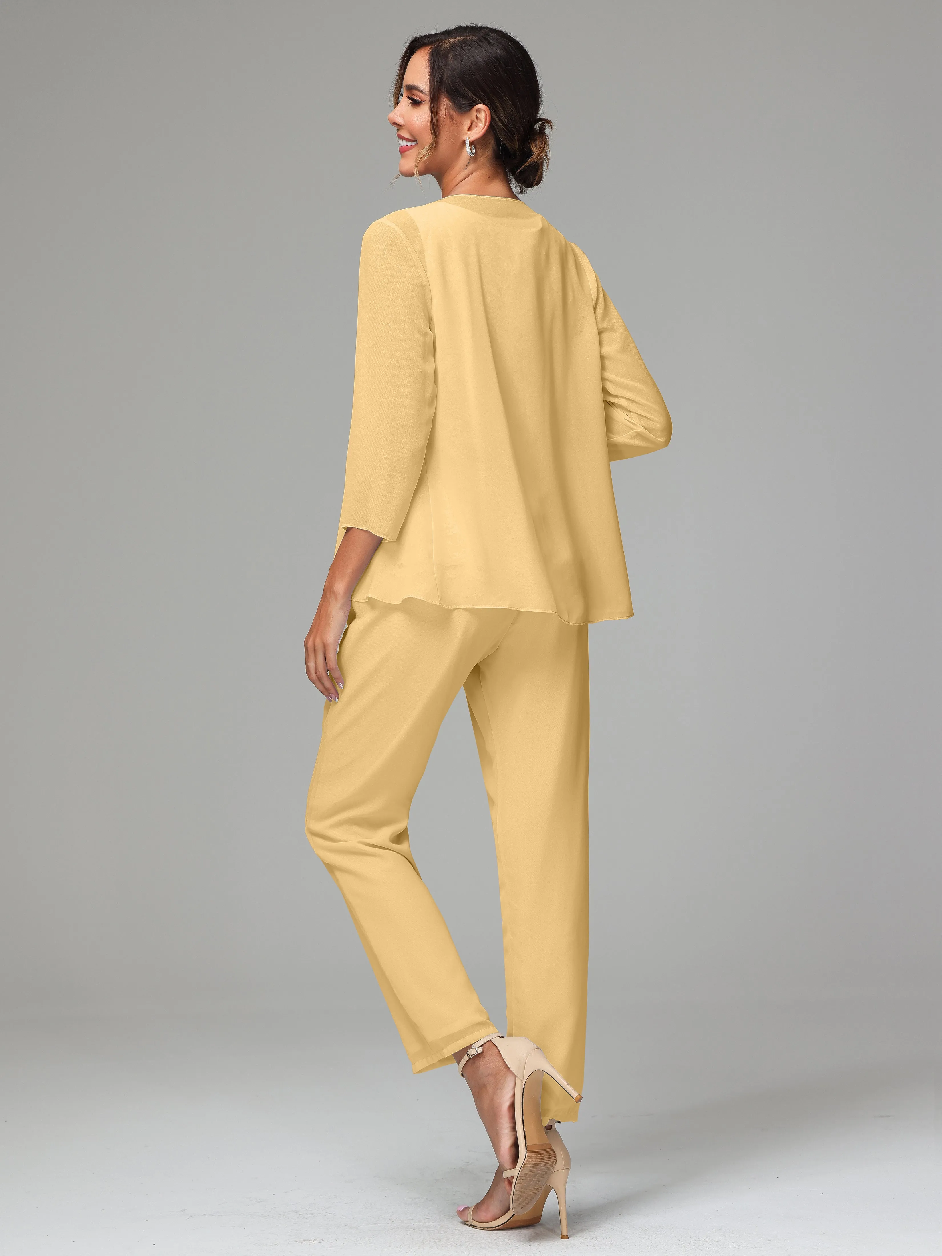 Chiffon Lace Long Sleeves 3 Pieces Mother Of The Bride Dress Pants Suits