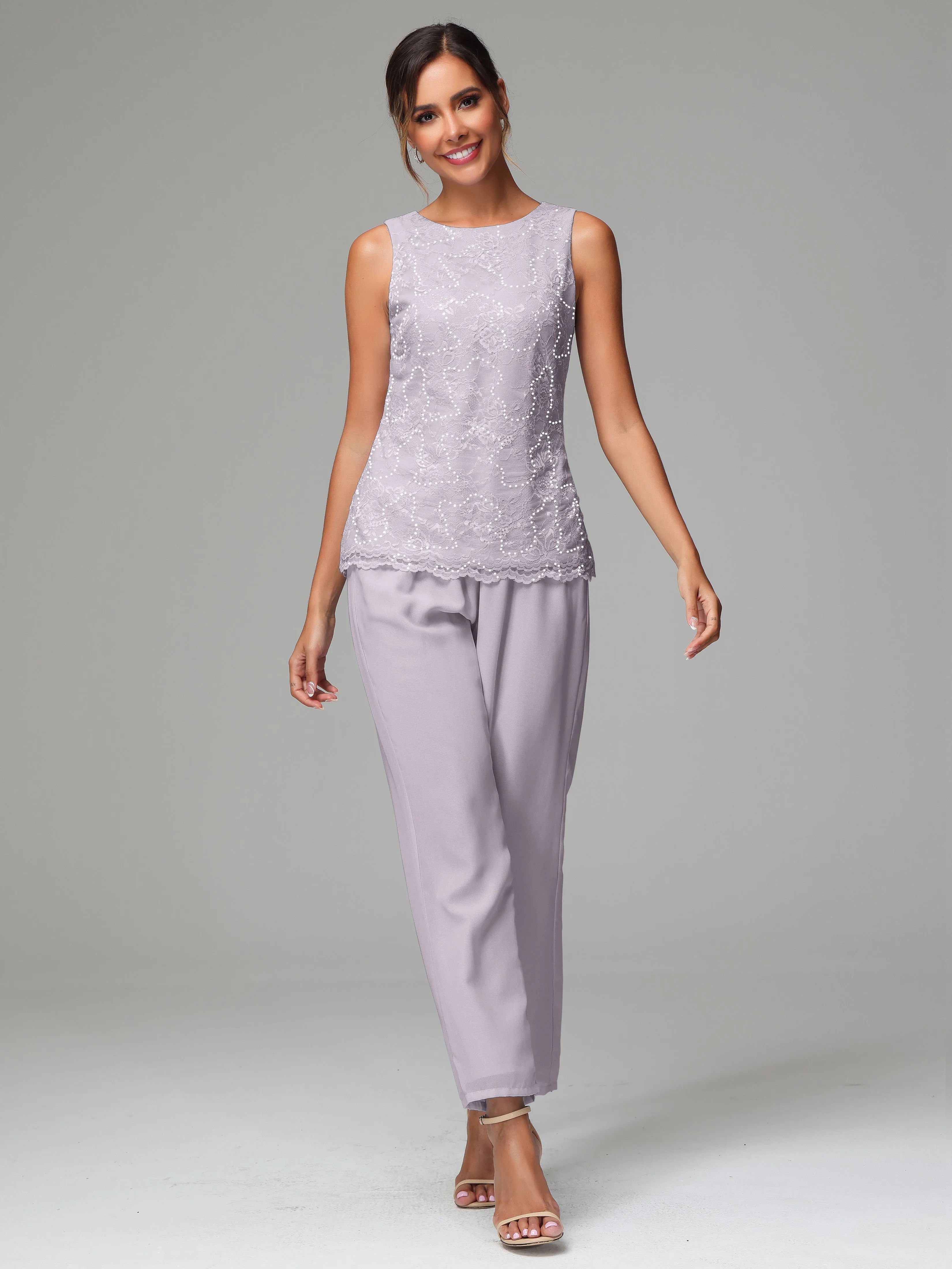 Chiffon Lace Long Sleeves 3 Pieces Mother Of The Bride Dress Pants Suits