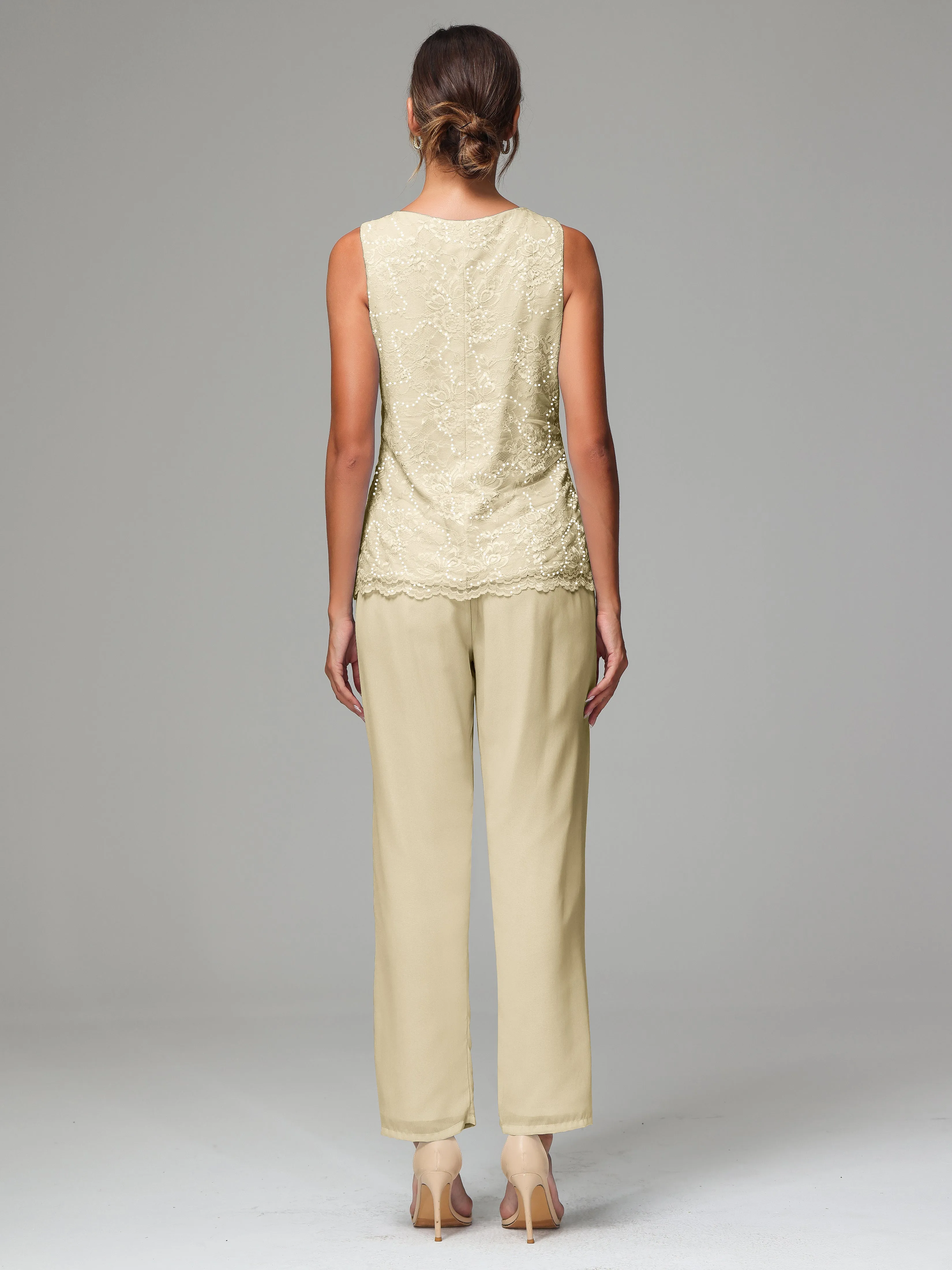 Chiffon Lace Long Sleeves 3 Pieces Mother Of The Bride Dress Pants Suits
